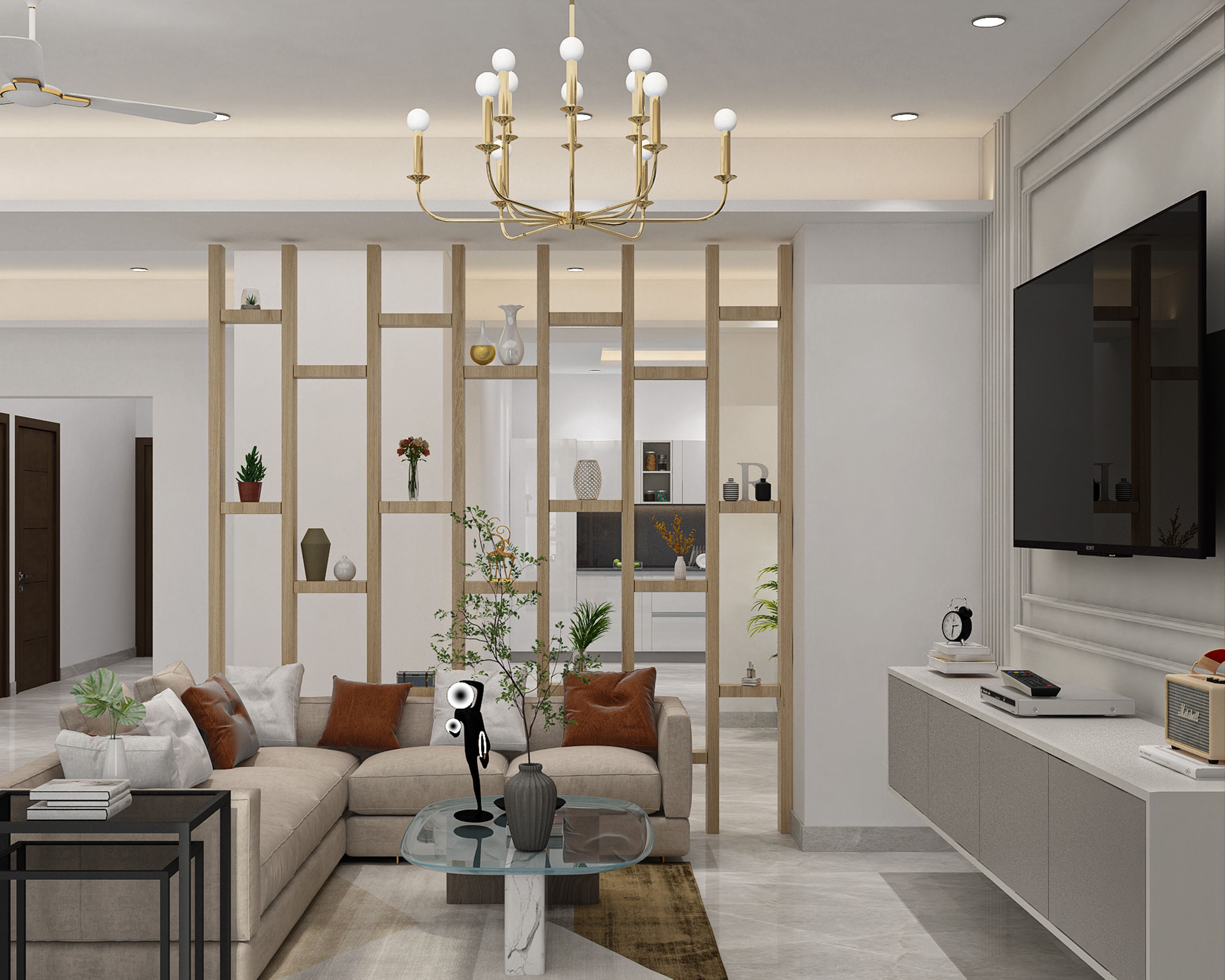 Minimal Living Room Design with L-Shaped Sofa and Wall Mounted TV