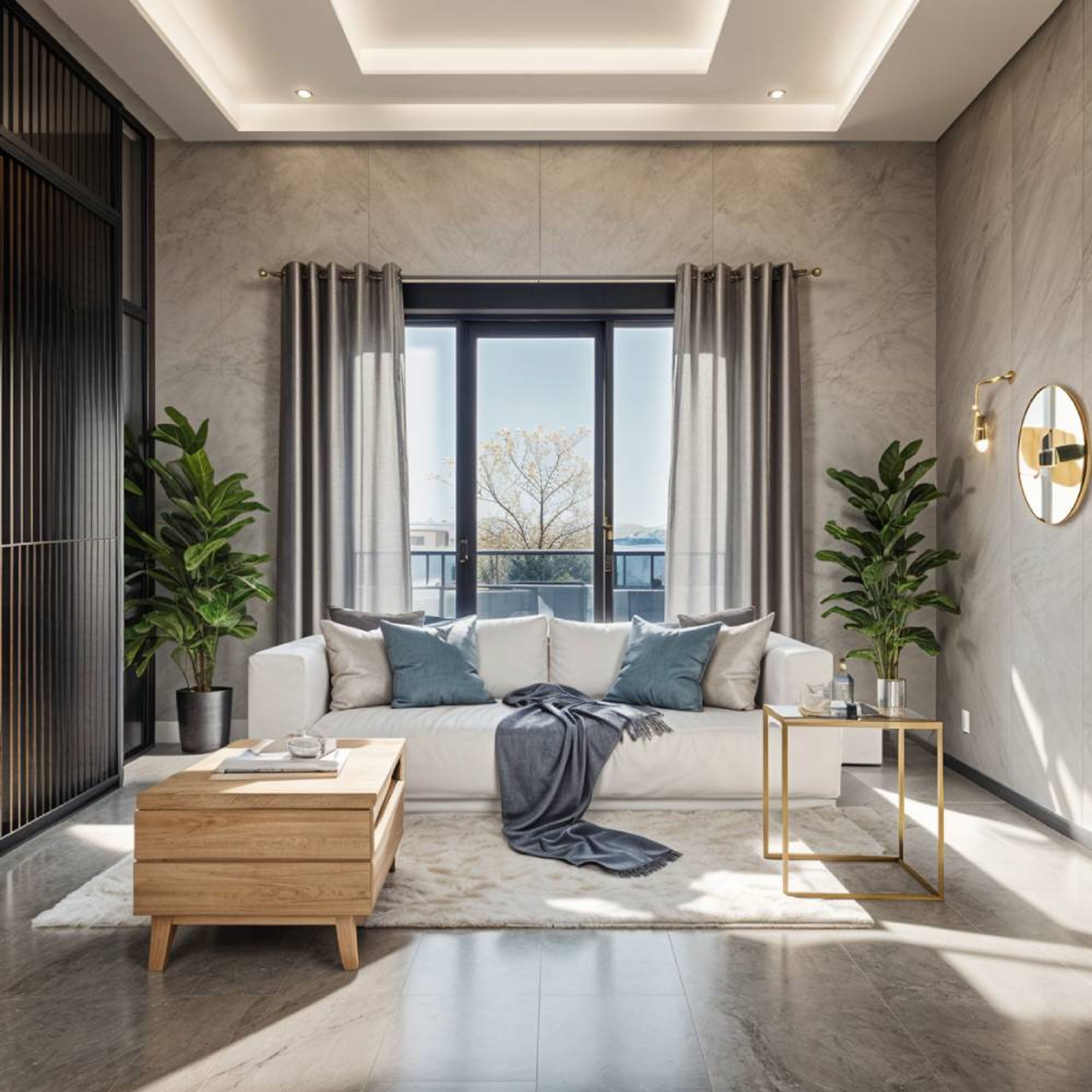 Modern Living Room Design With 3-Seater Cream Sofa and Metal Side Table