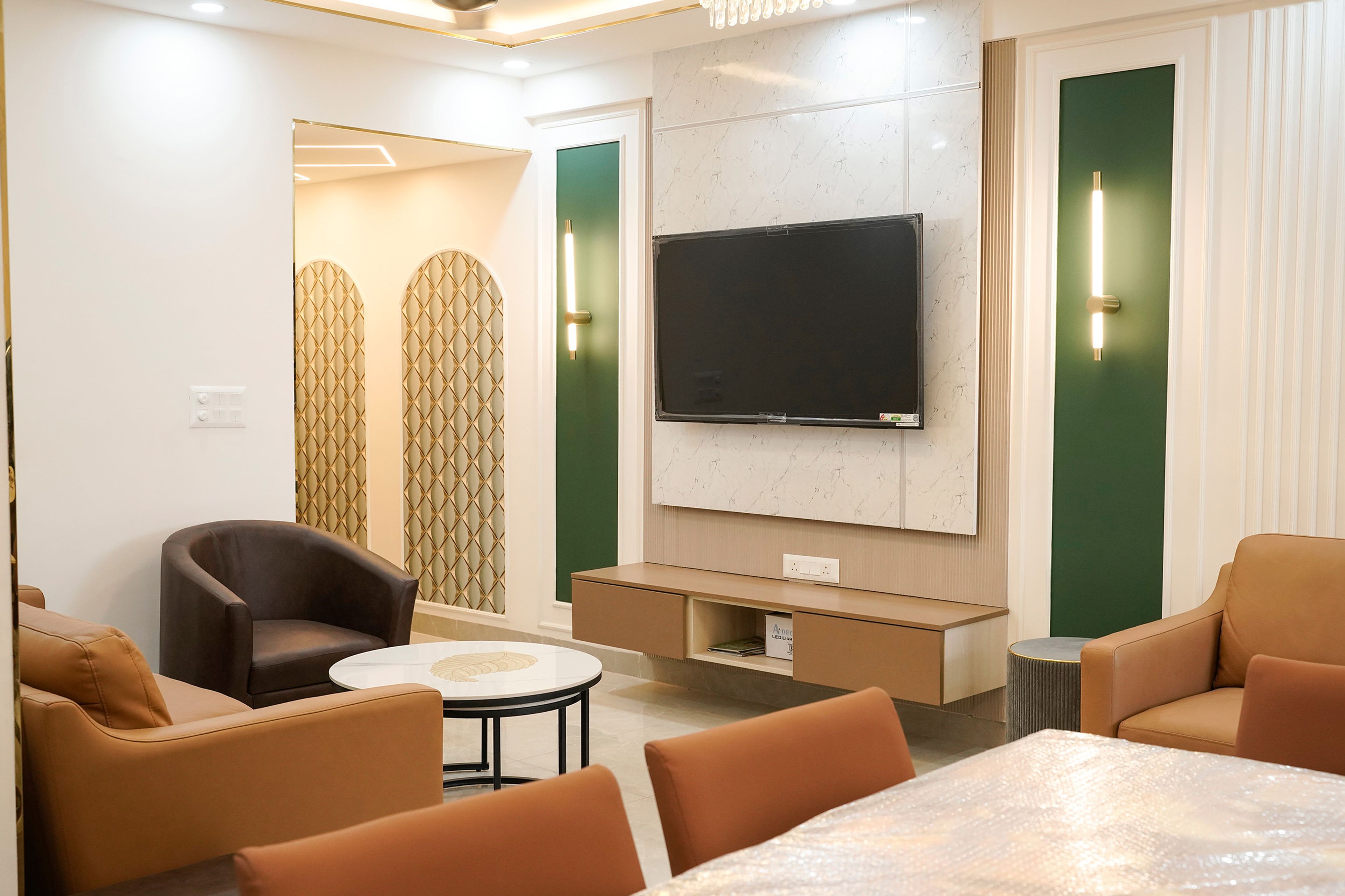 Contemporary Living Room Design with Marble TV Wall