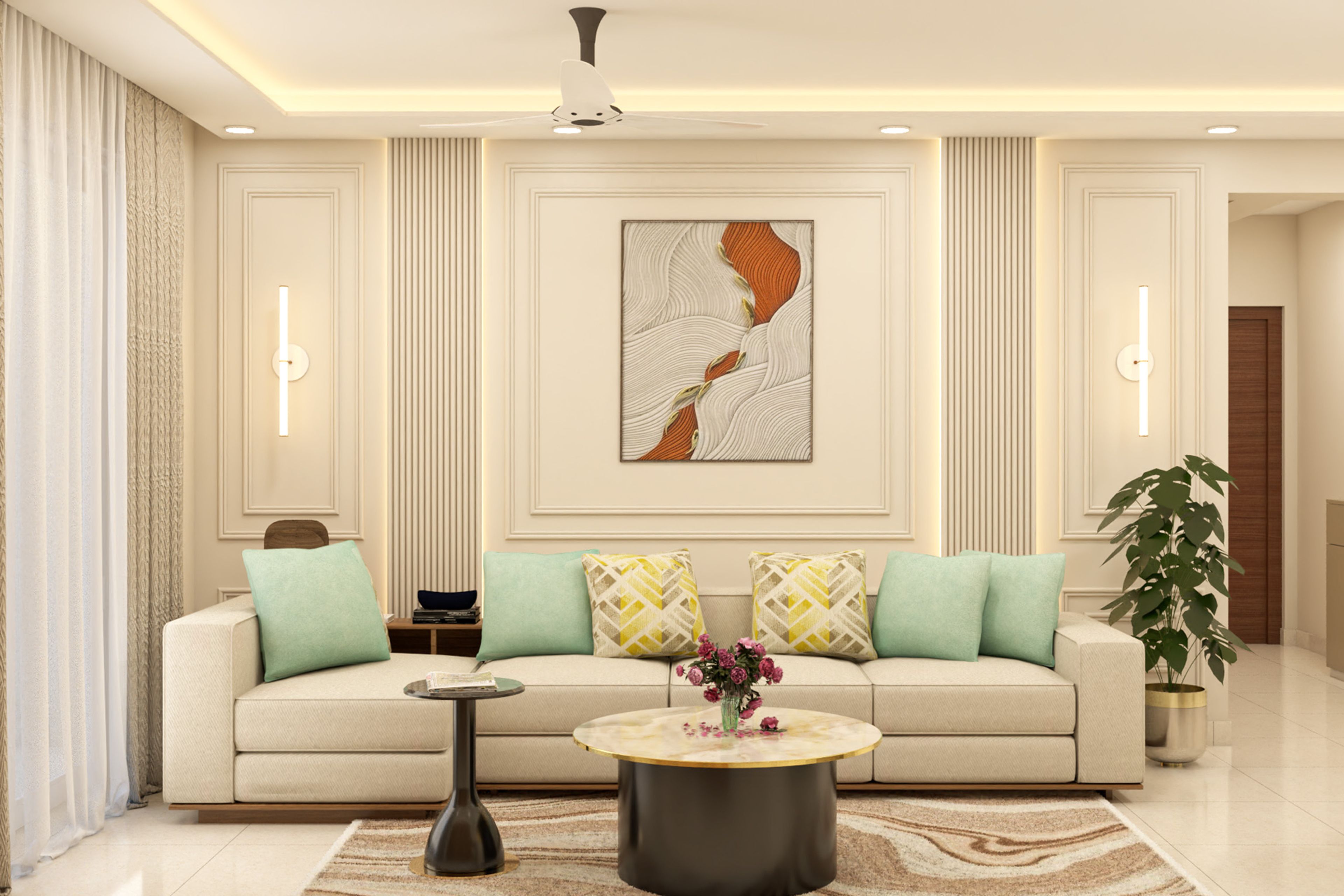 Green Classic Living Room Design with Coffee Table and Beig Sectional Sofa