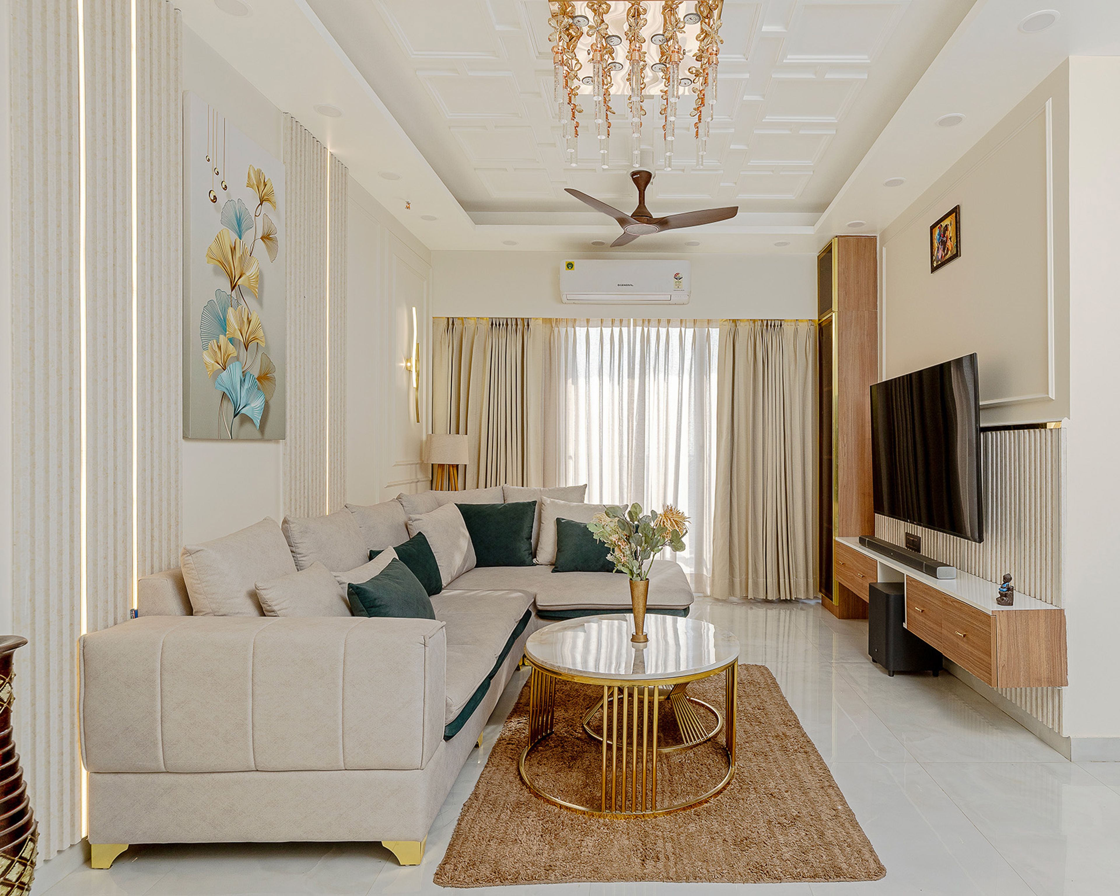 Cream Contemporary Living Room Design with L-Shaped Off-White Sofa