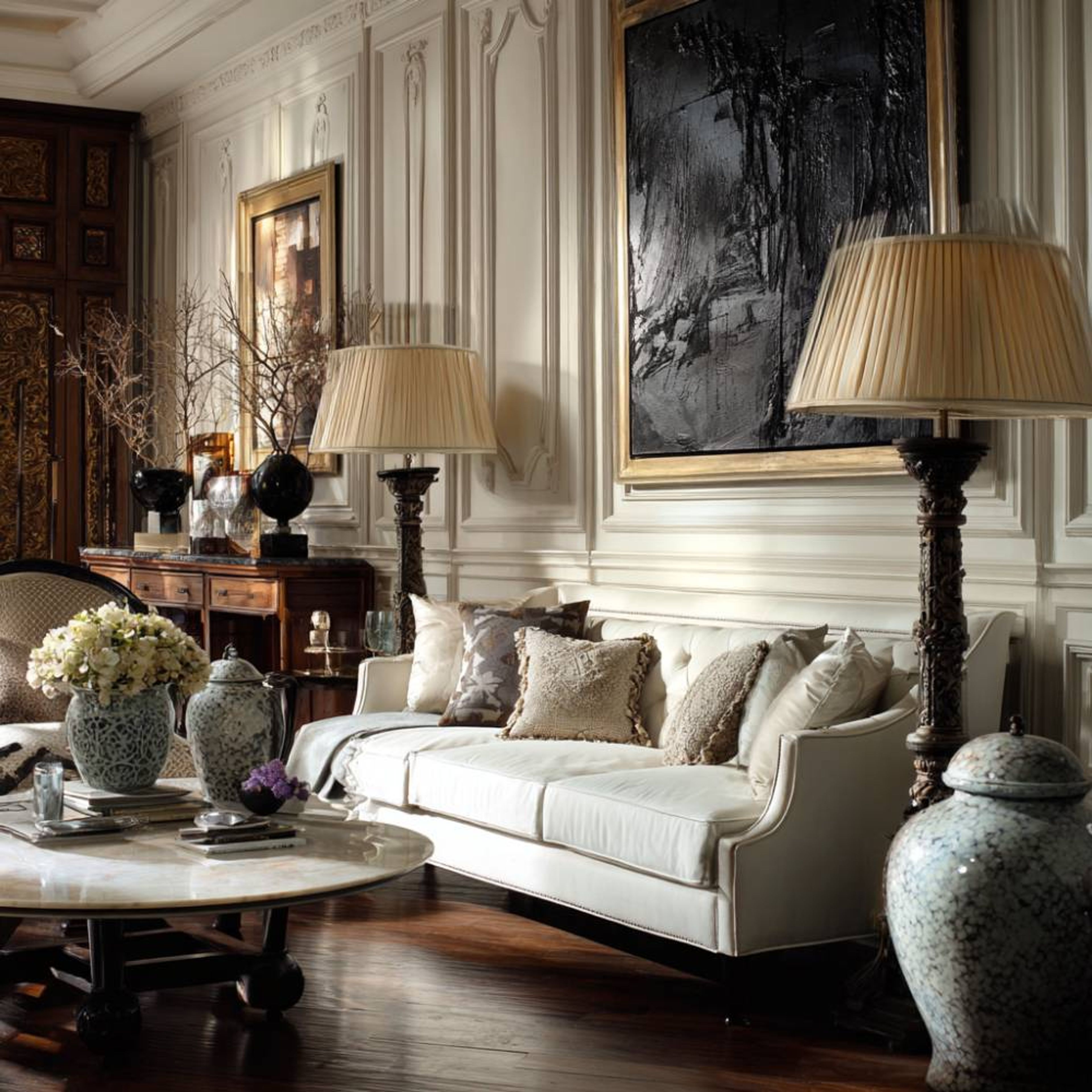 Contemporary Living Room Design with 3-Seater Curved Sofa and Classic Wood Console