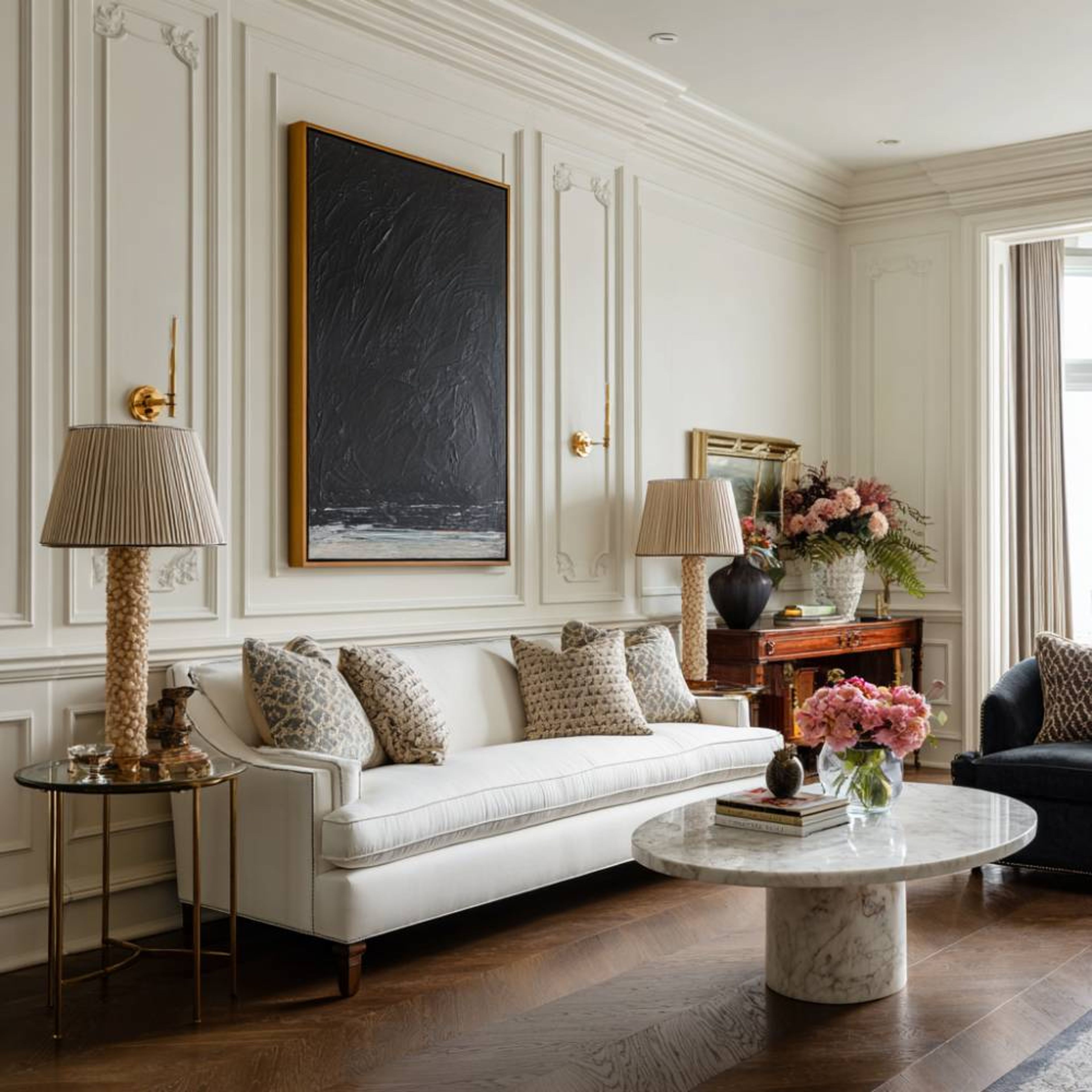 Minimal Living Room Design with White Sofa and Marble Coffee Table