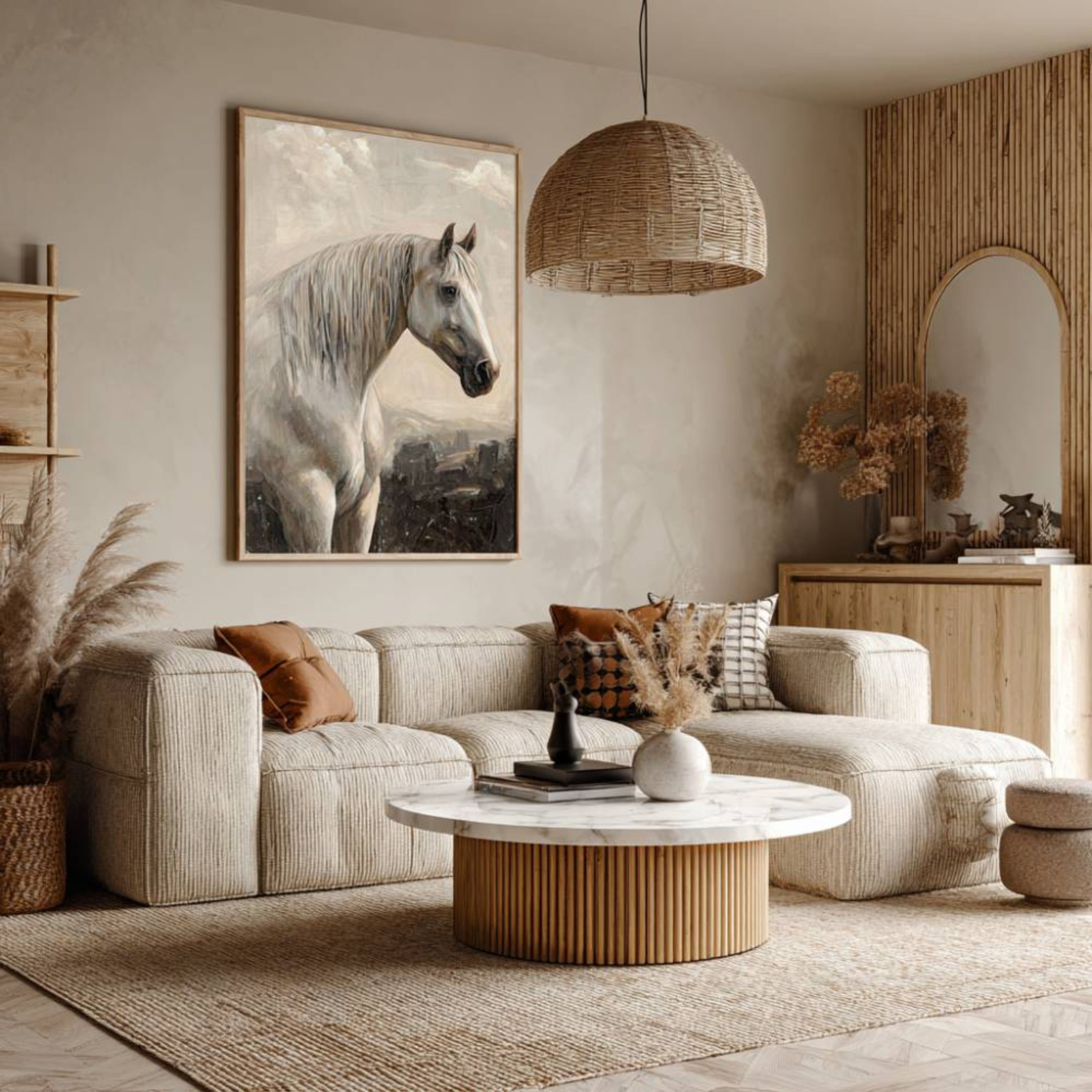 Scandinavian Living Room Design with Beige Textured L-Shaped Sofa