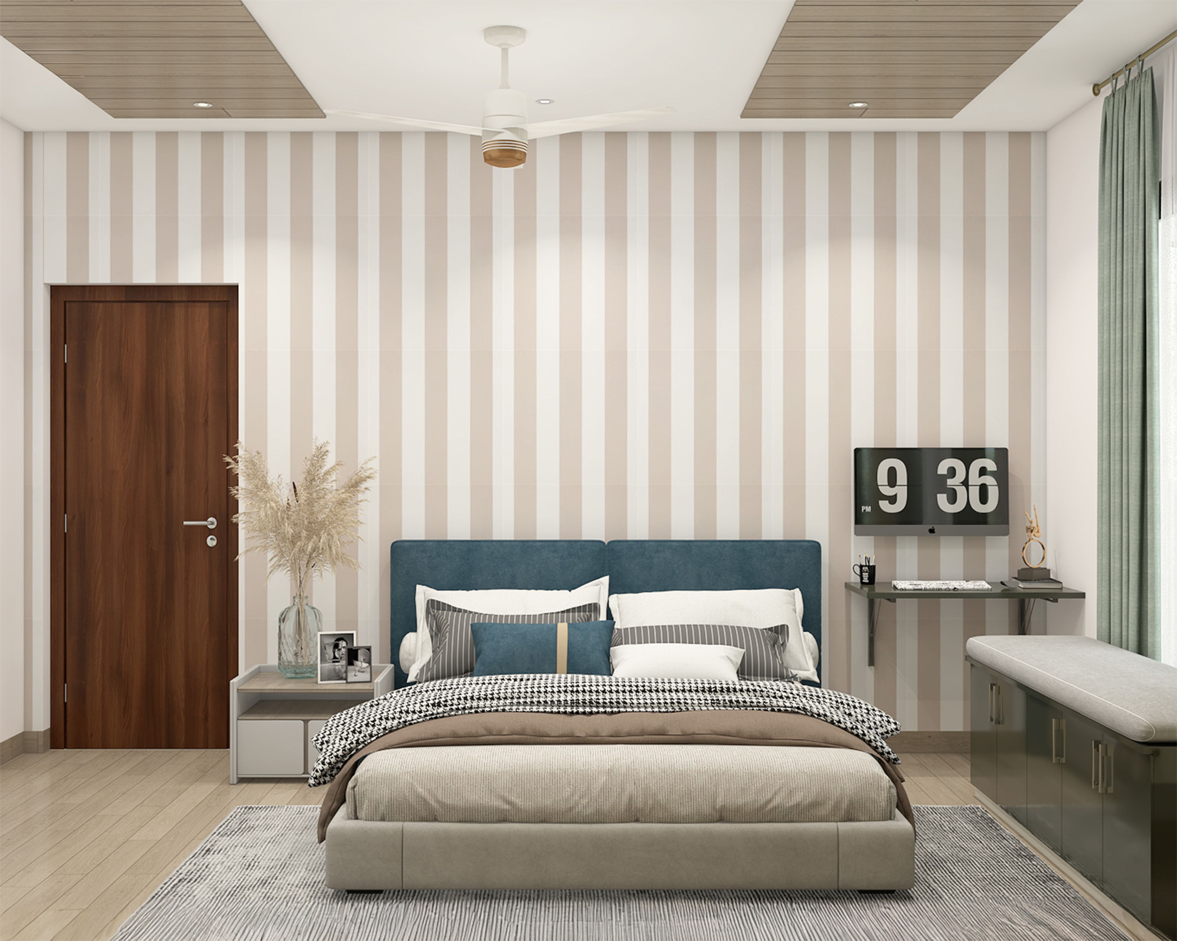 Contemporary Master Bedroom Design with Teal Velvet Headboard King Bed and Floating Study