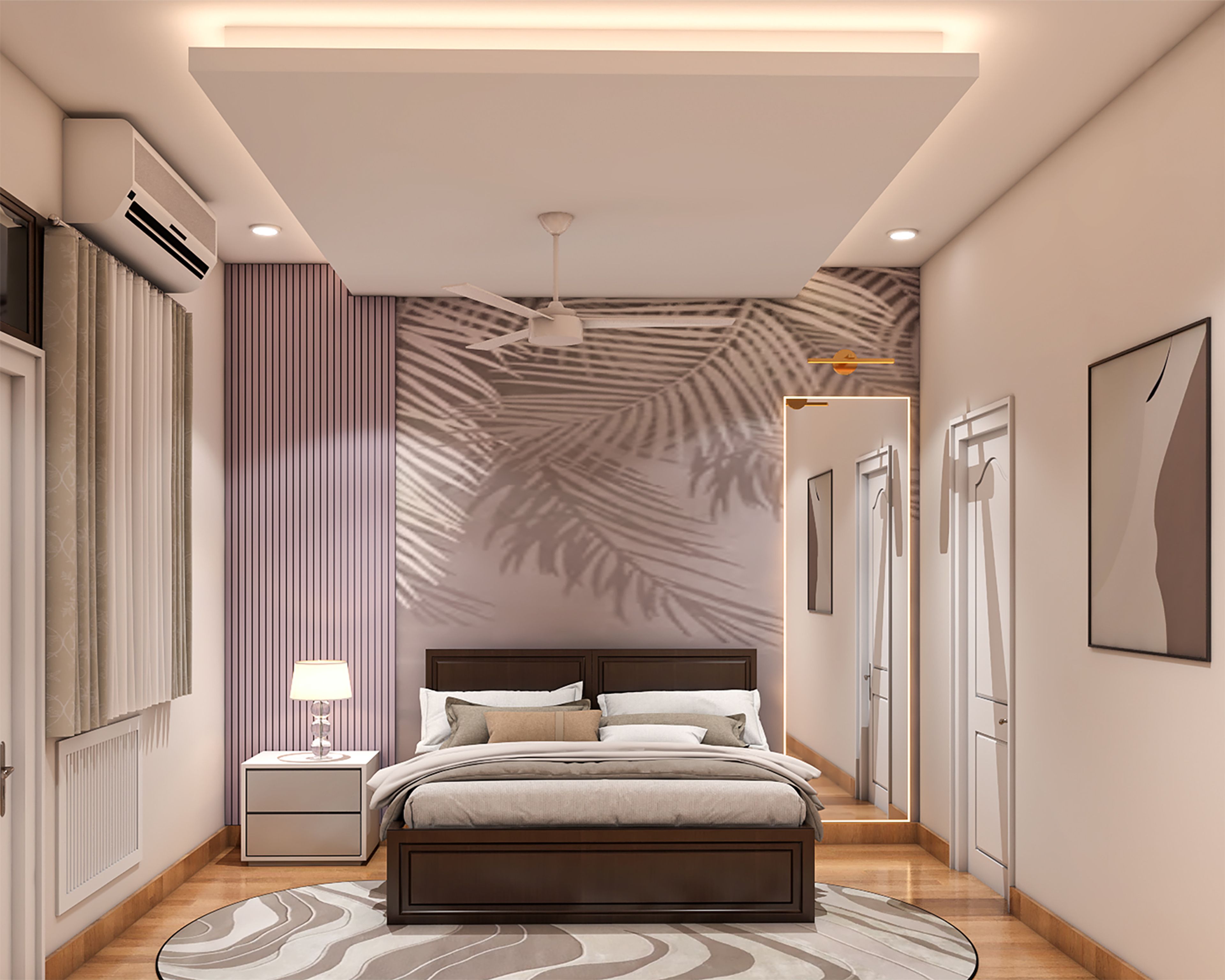 Master Bedroom Design with Mauve Slatted Wall Paneling and Botanical Wall