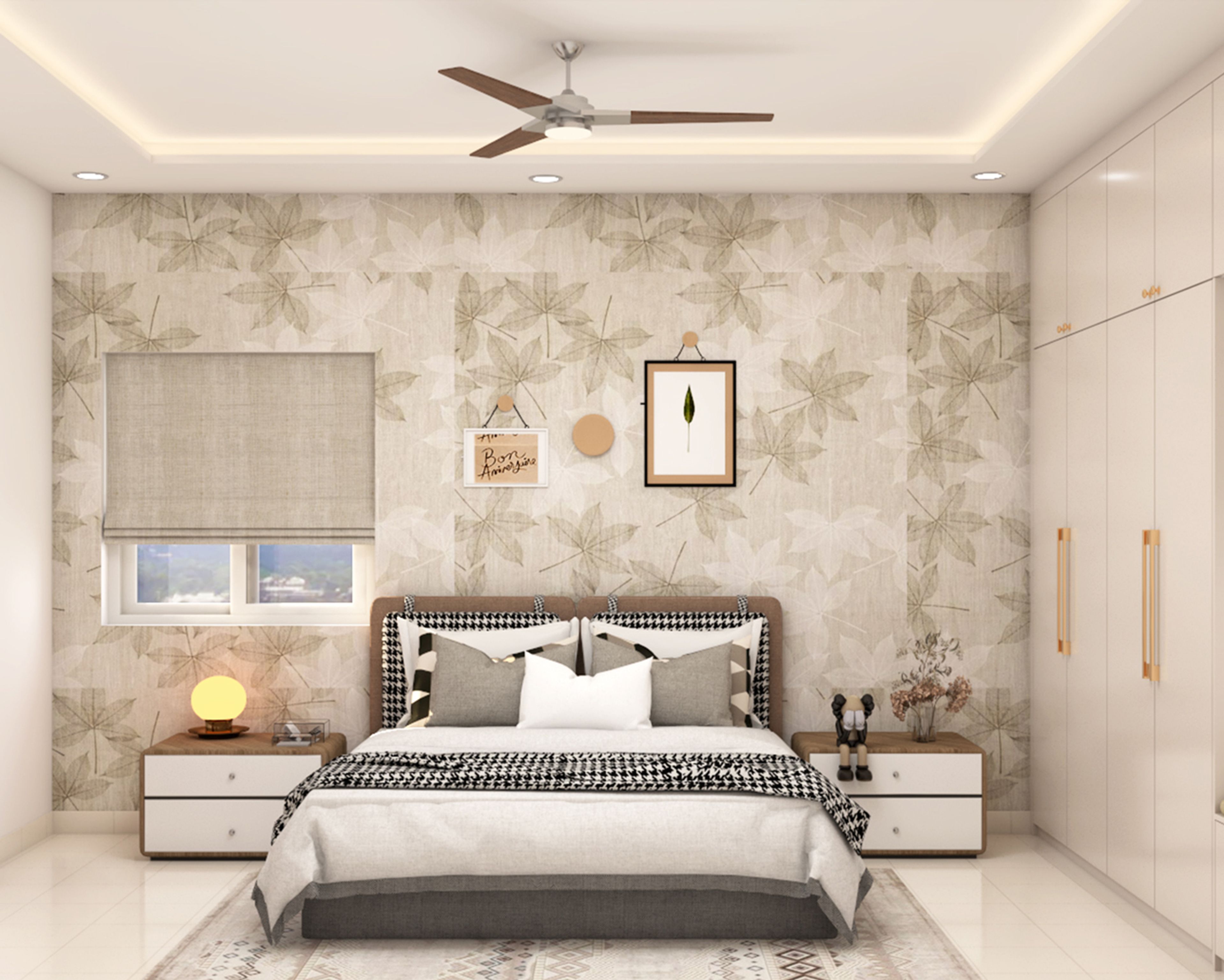 Contemporary Bedroom Wallpaper Design with Repetitive Neutral Botanical Leaf Patterns