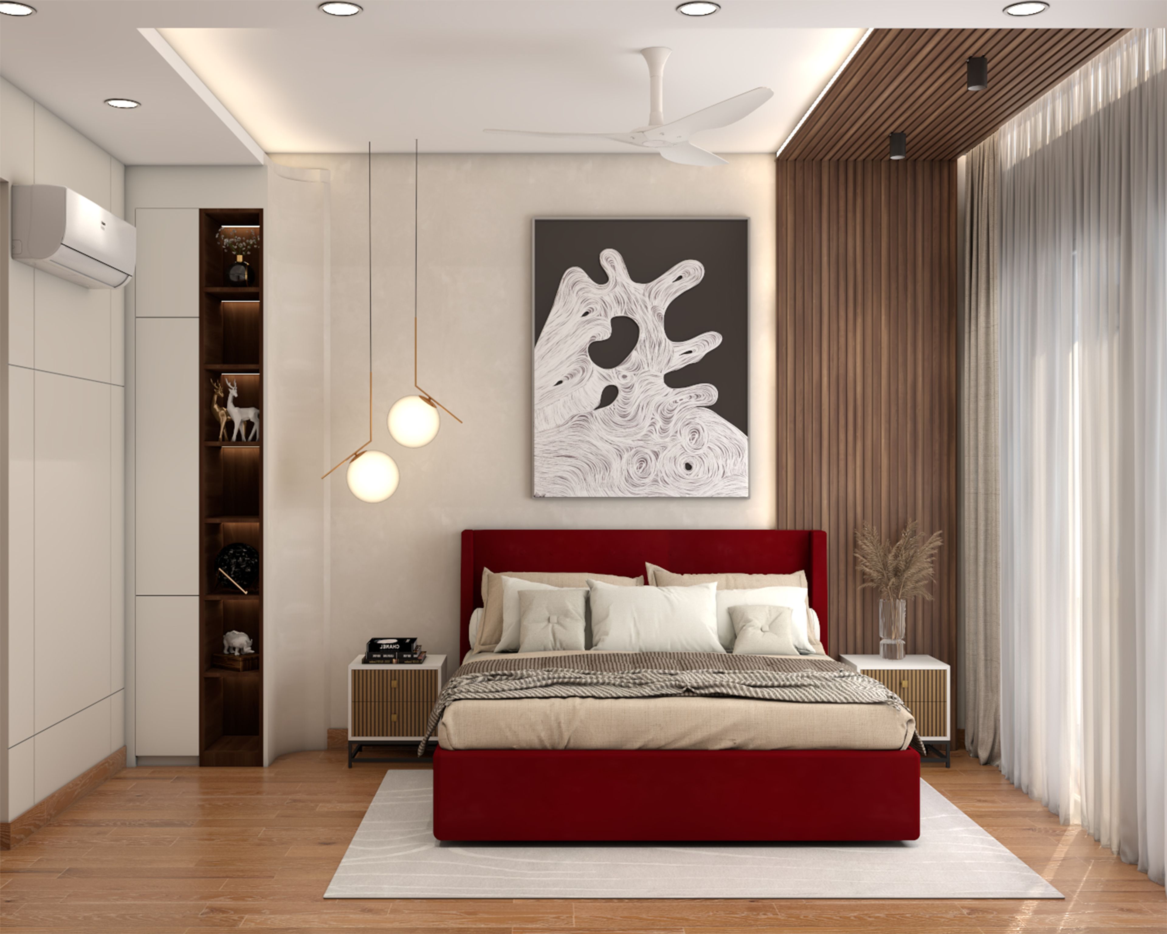 Master Bedroom Design with Red Velvet Bed and Built-in Open Shelving