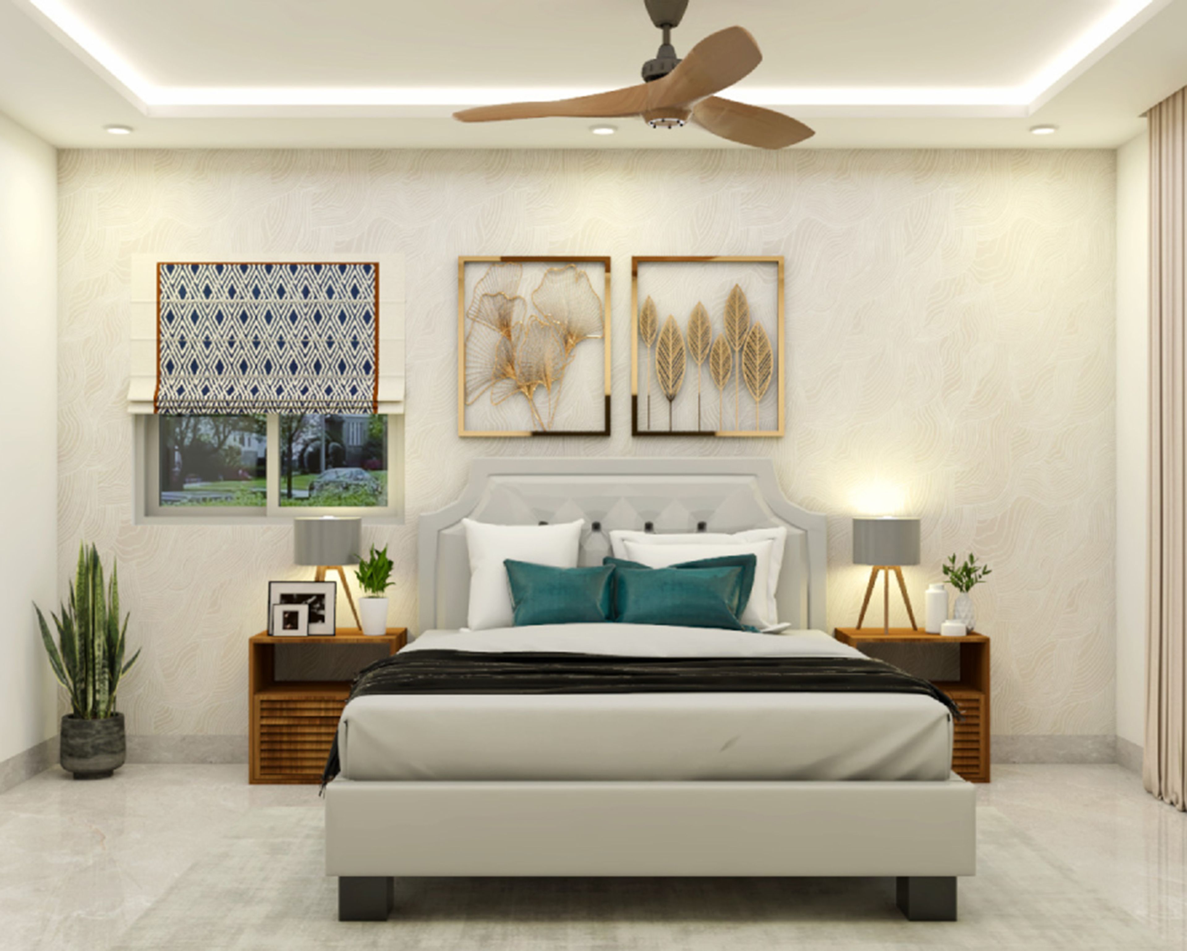 Master Bedroom Design with Upholstered Bed and Wooden Storage