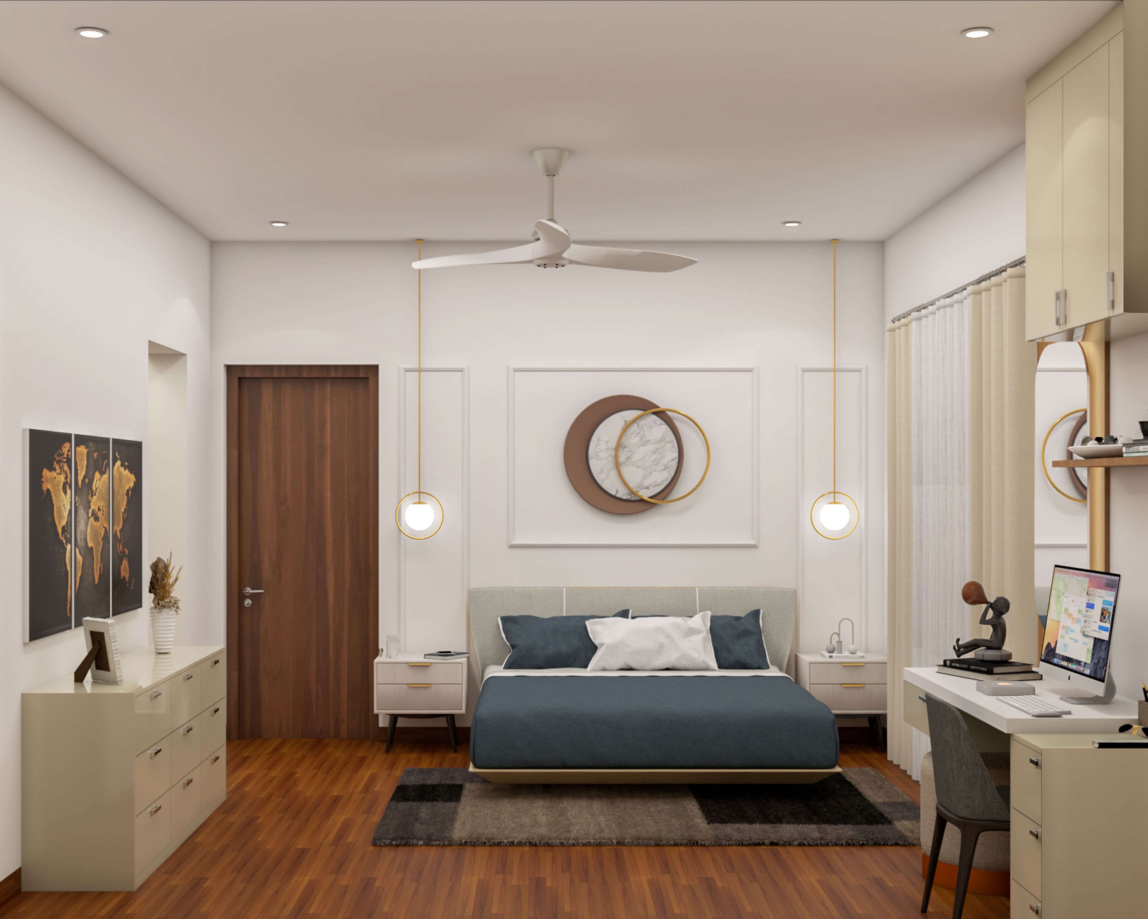 Master Bedroom Design with Workspace, King Size Platform Bed and Dresser