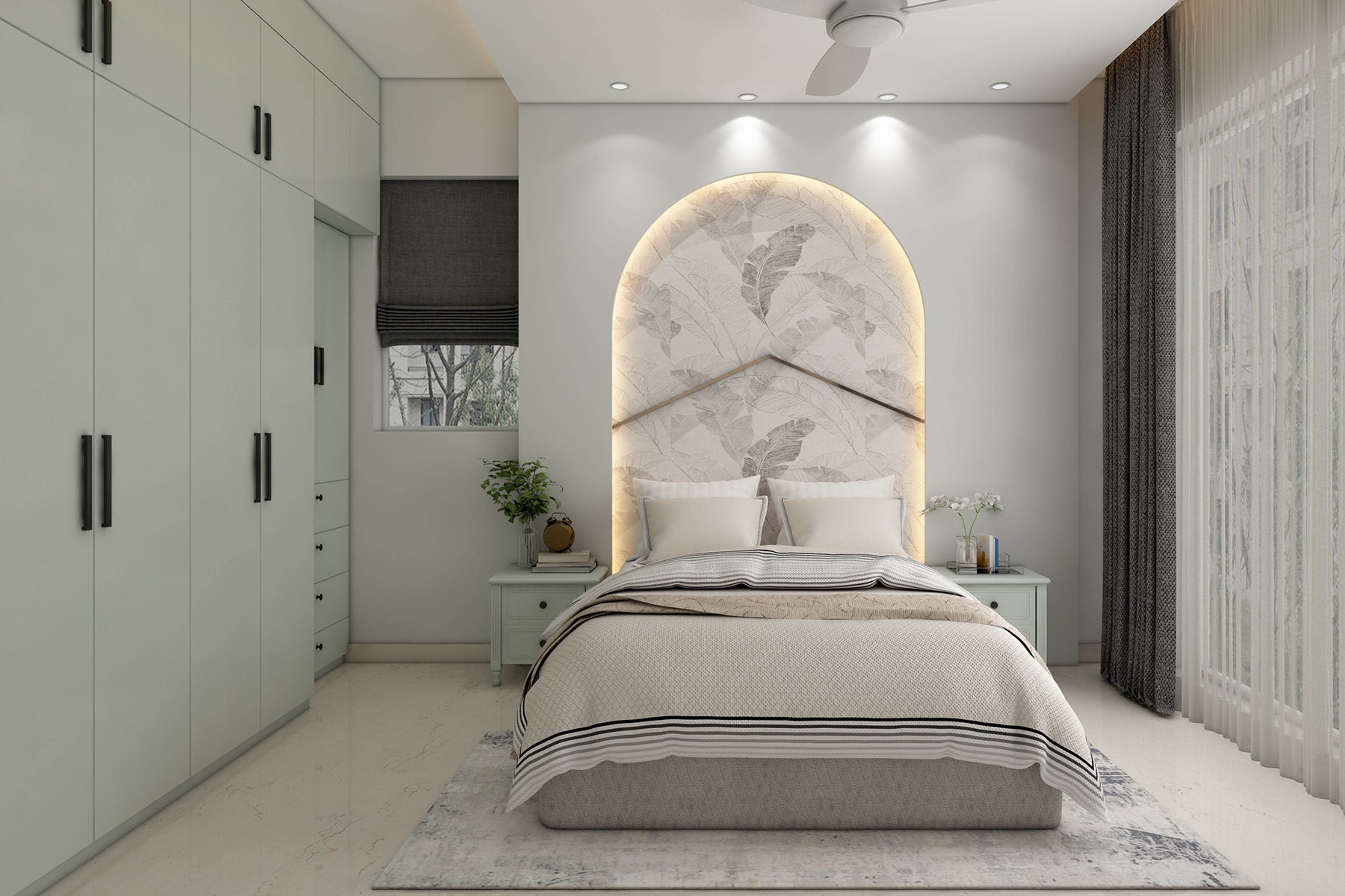 Master Bedroom Design with White Wardrobes and Backlit Headboard Arch