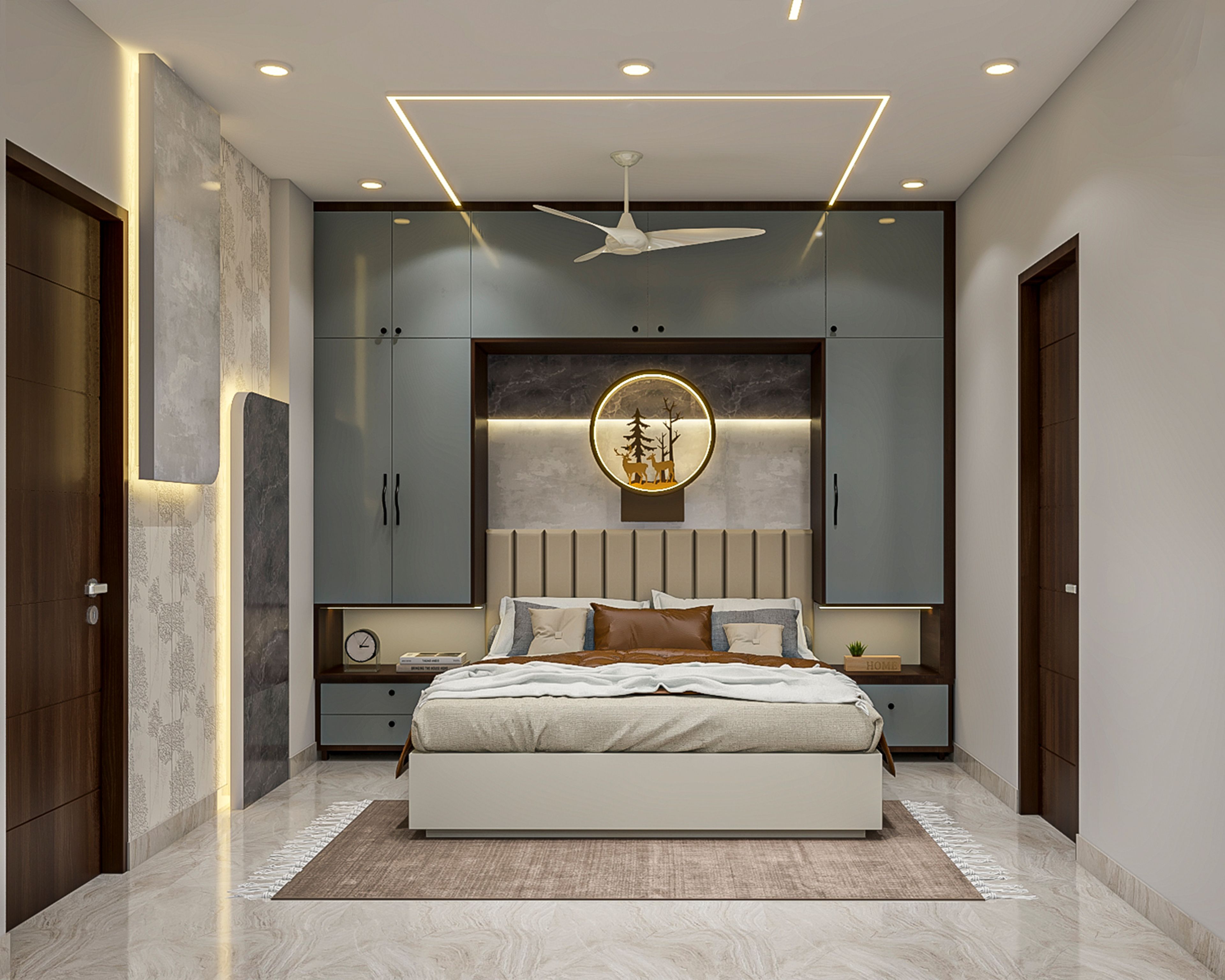 Modern Master Bedroom Design with Platform Bed and Storage Wall