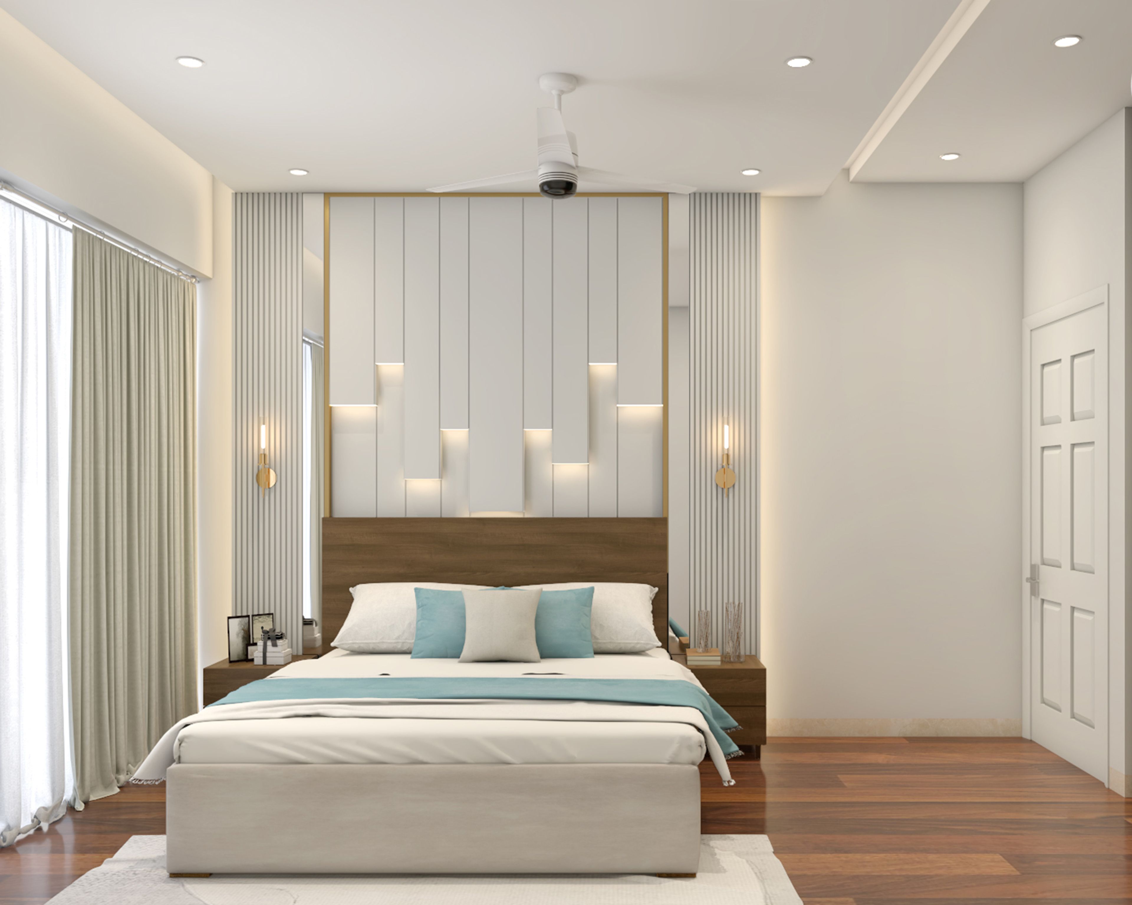 Contemporary Master Bedroom Design with Wooden Bed and Wood Panel Wall