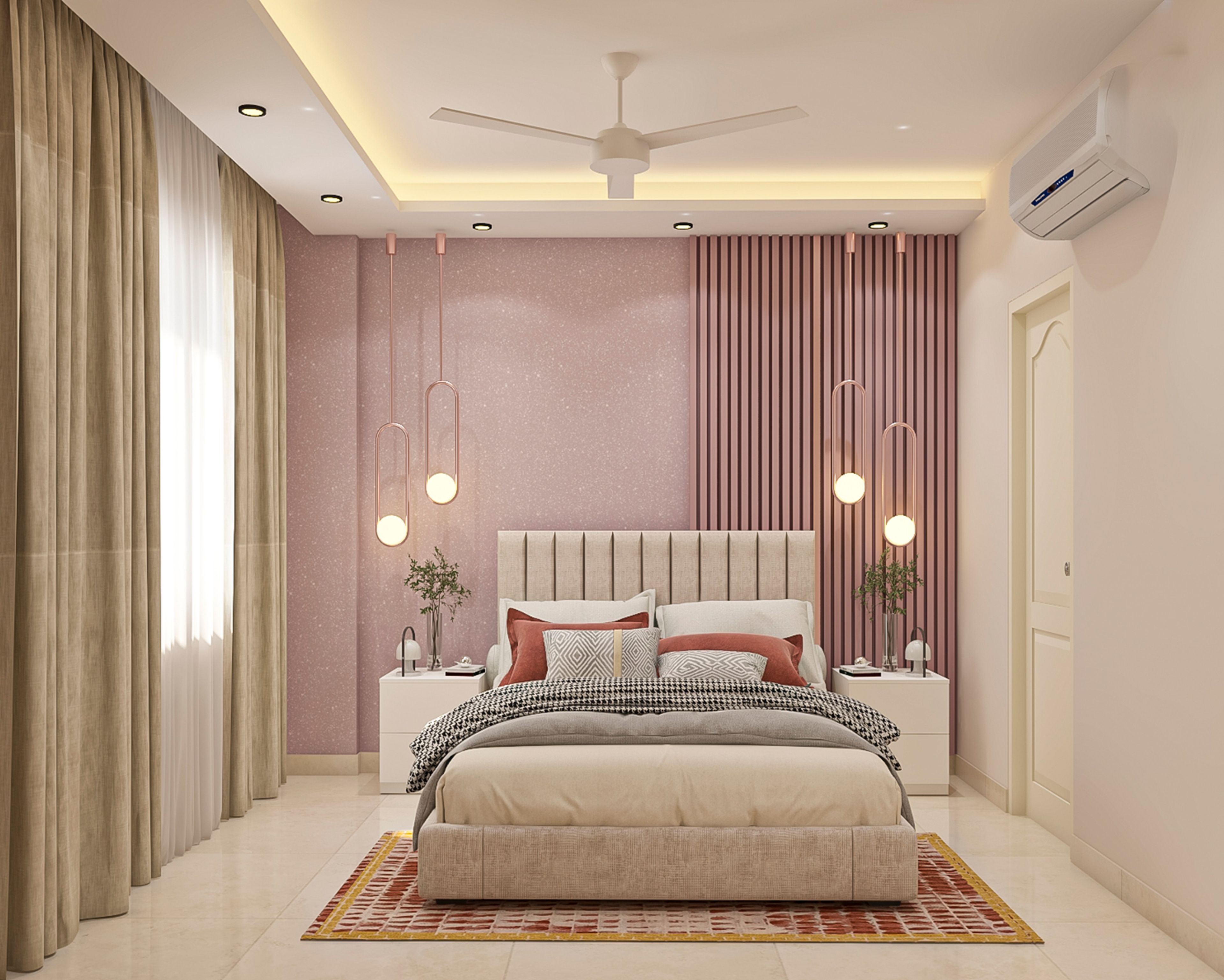 Dual Tone Modern Master Bedroom Design with Fluted Panels and Queen Bed