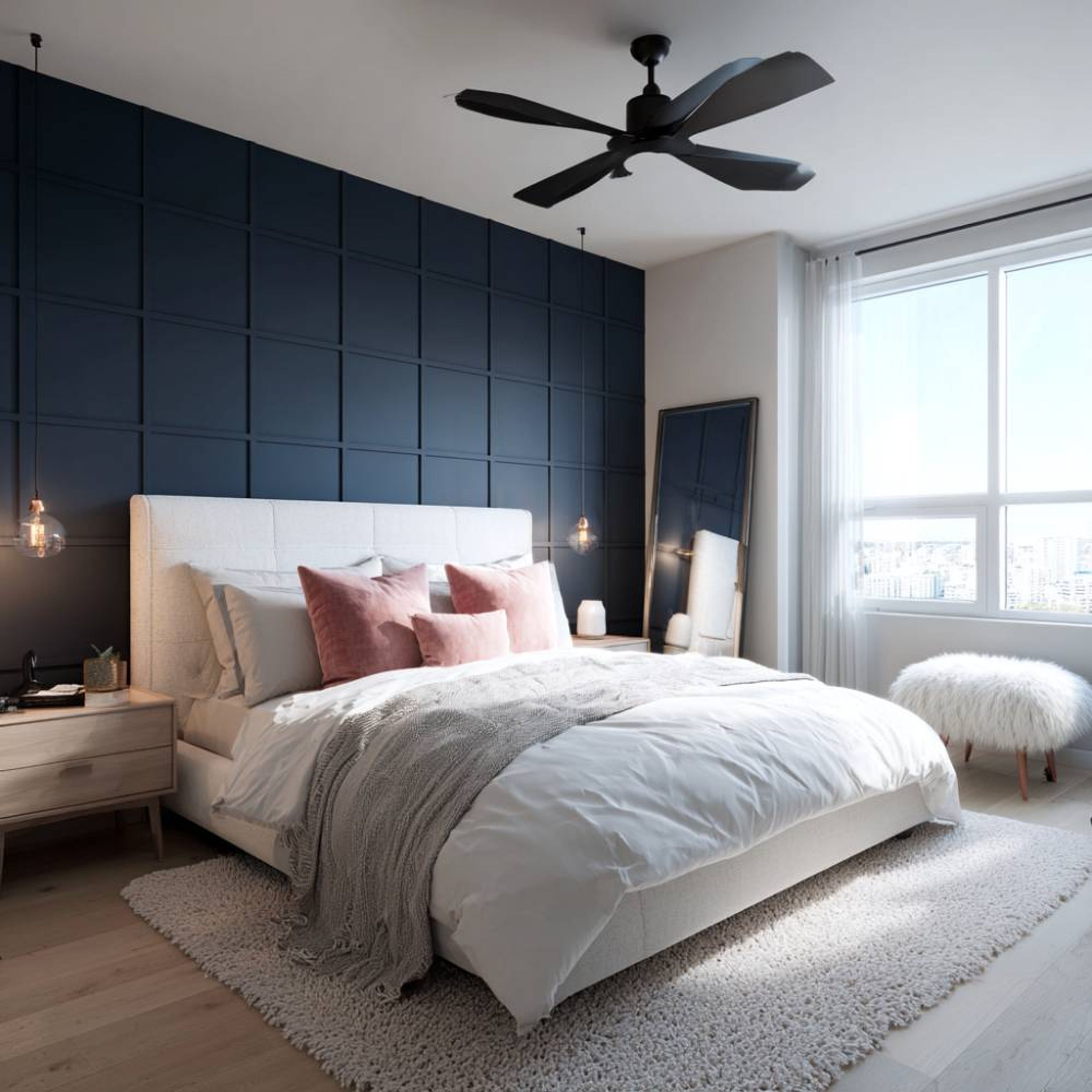 Modern Master Bedroom Design with Charcoal Accent Wall and Paneled Wall