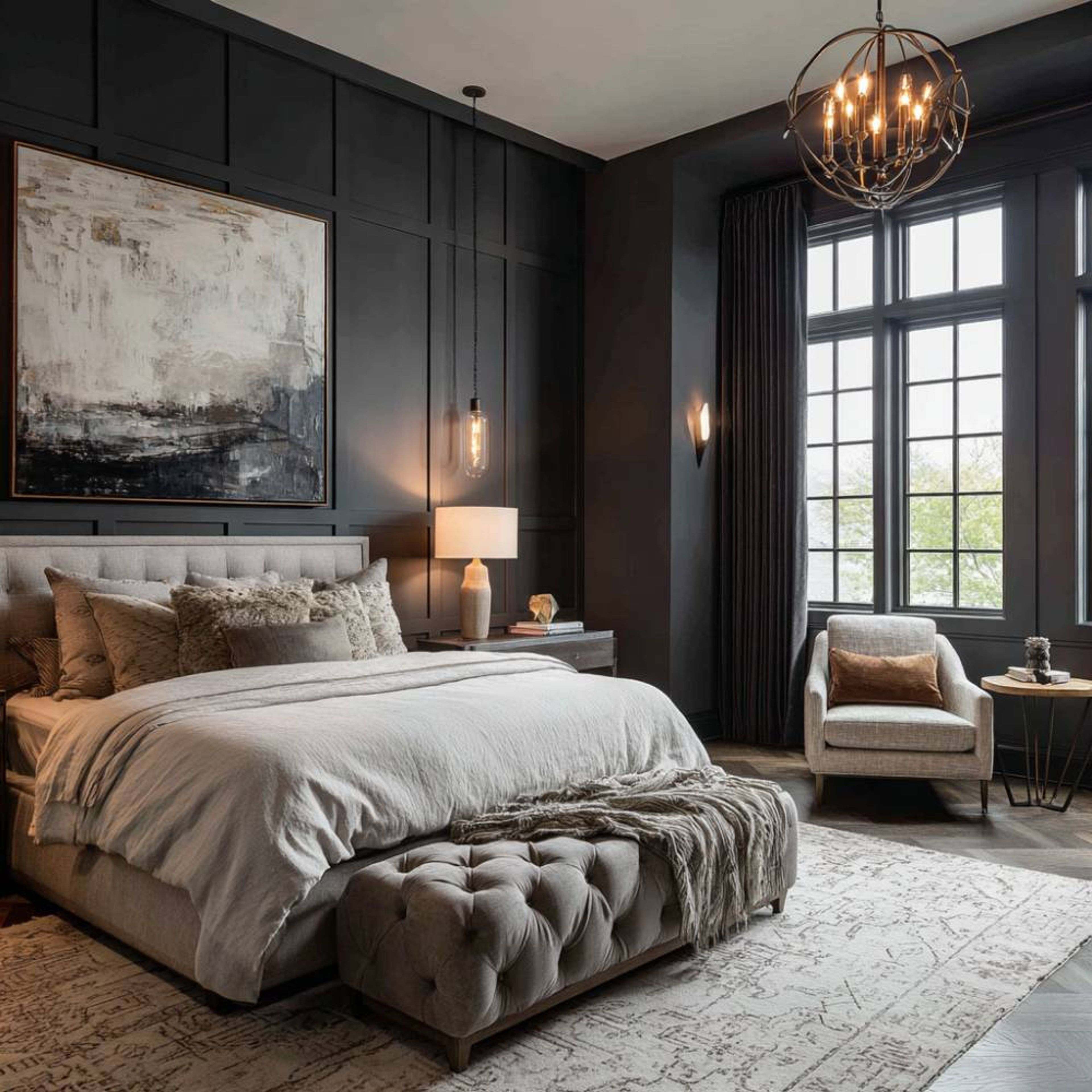 Dark Grey Wall Paint Design with Charcoal Textured Panel Backdrop