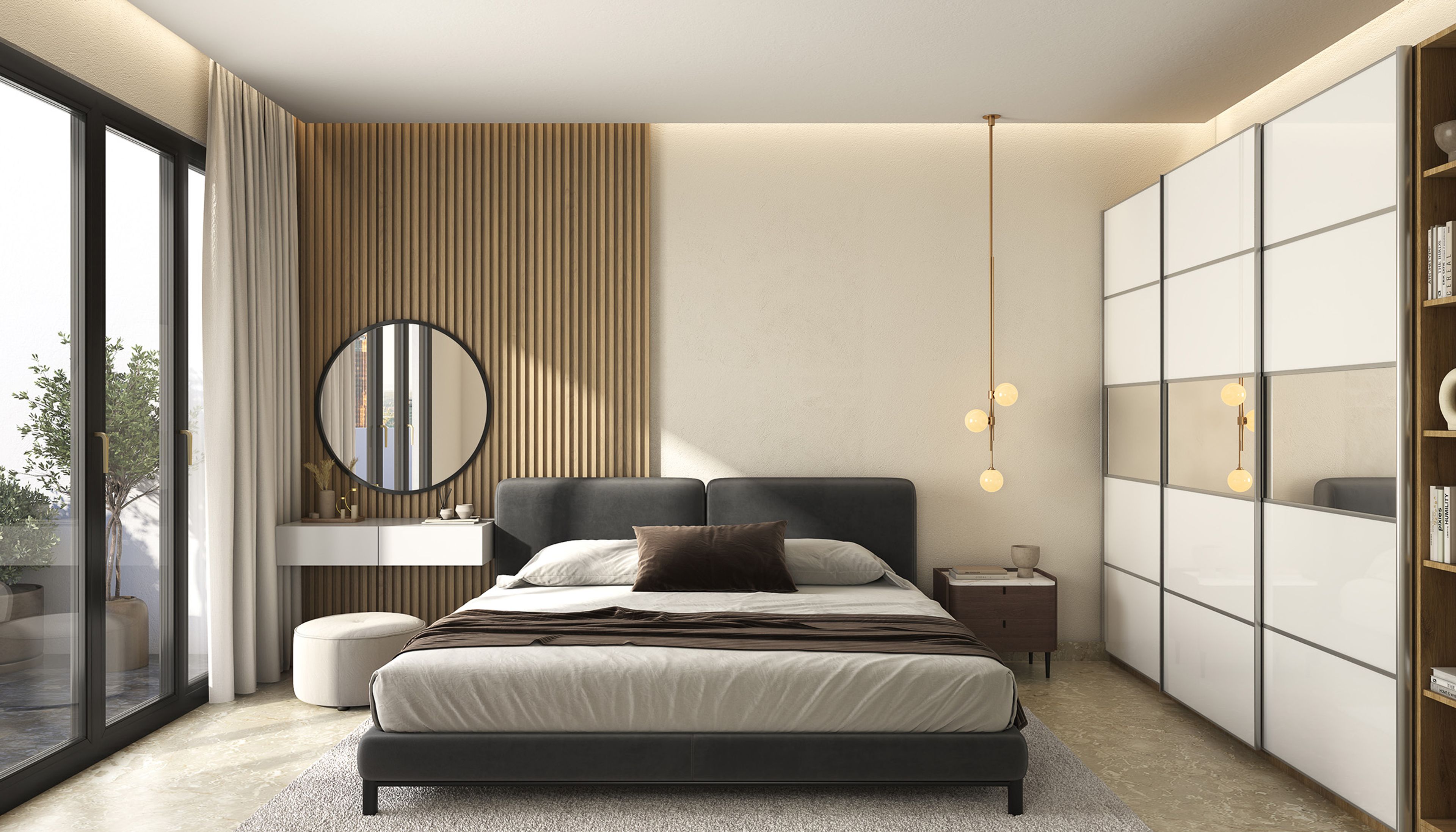 Modern Master Bedroom Design with Low Bed and Slatted Feature Wall