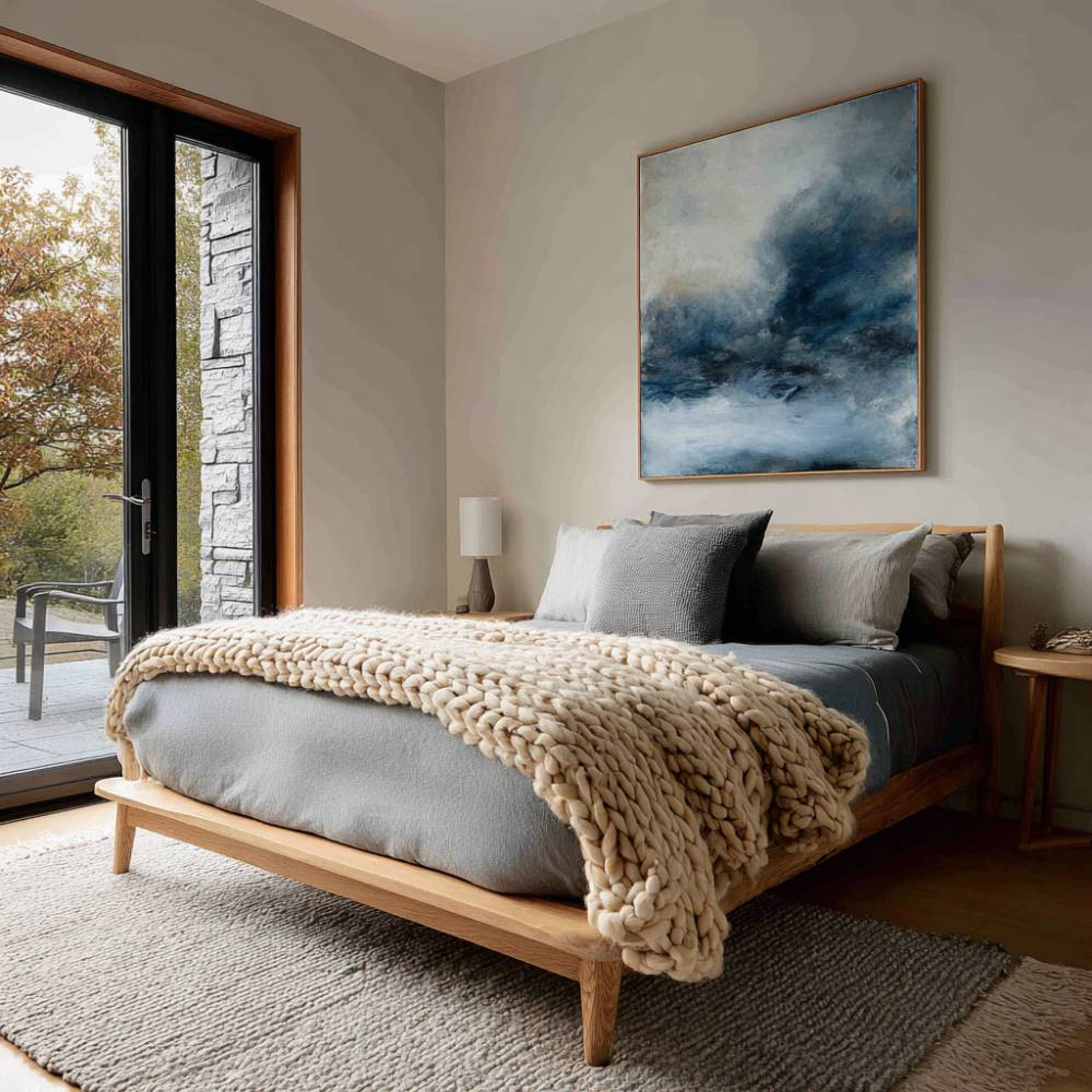 Scandinavian Guest Bedroom Design with Botanical Wallpaper and Wooden Bed