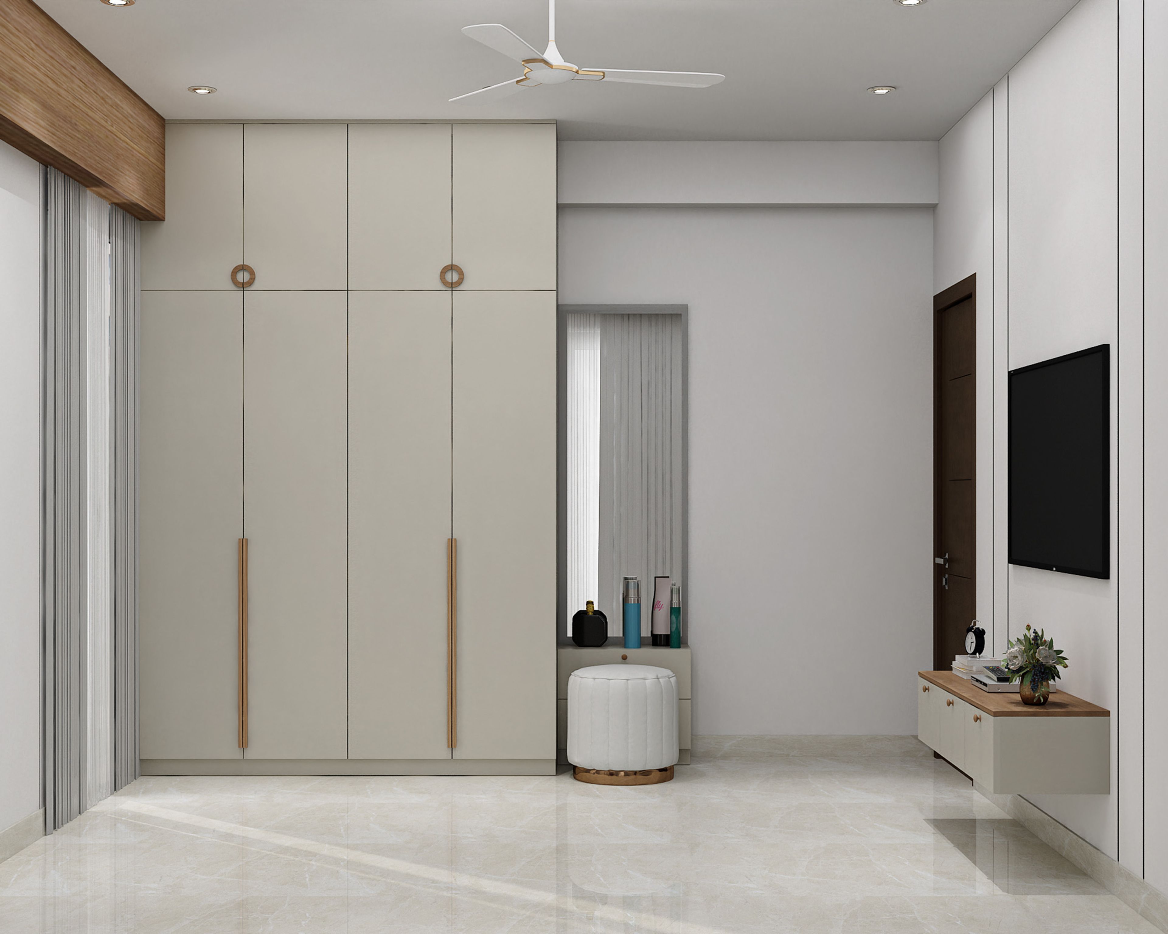 Minimal Master Bedroom Design with Fluted White Panels and Underbed Storage