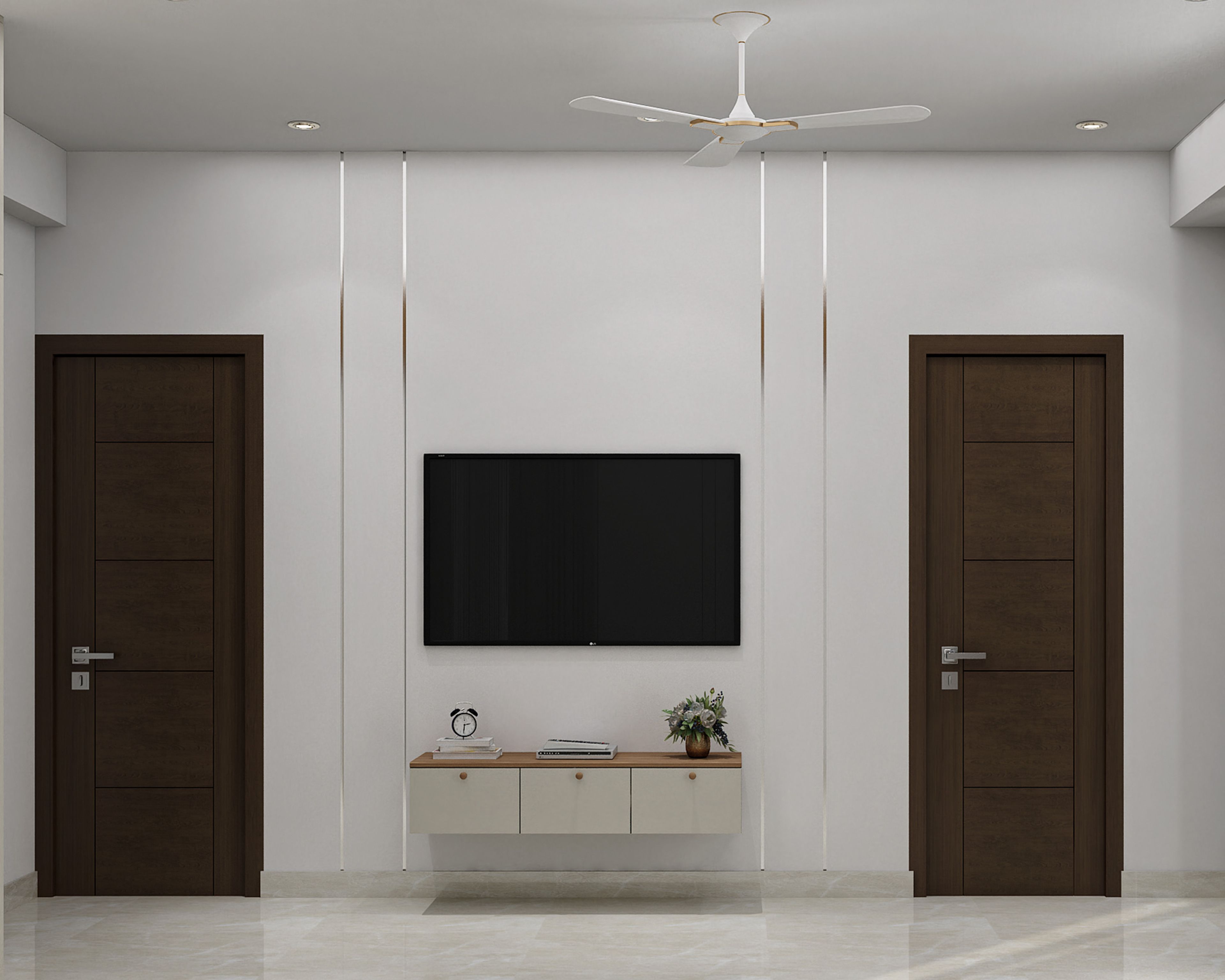 Minimal Master Bedroom Design with Fluted White Panels and Underbed Storage