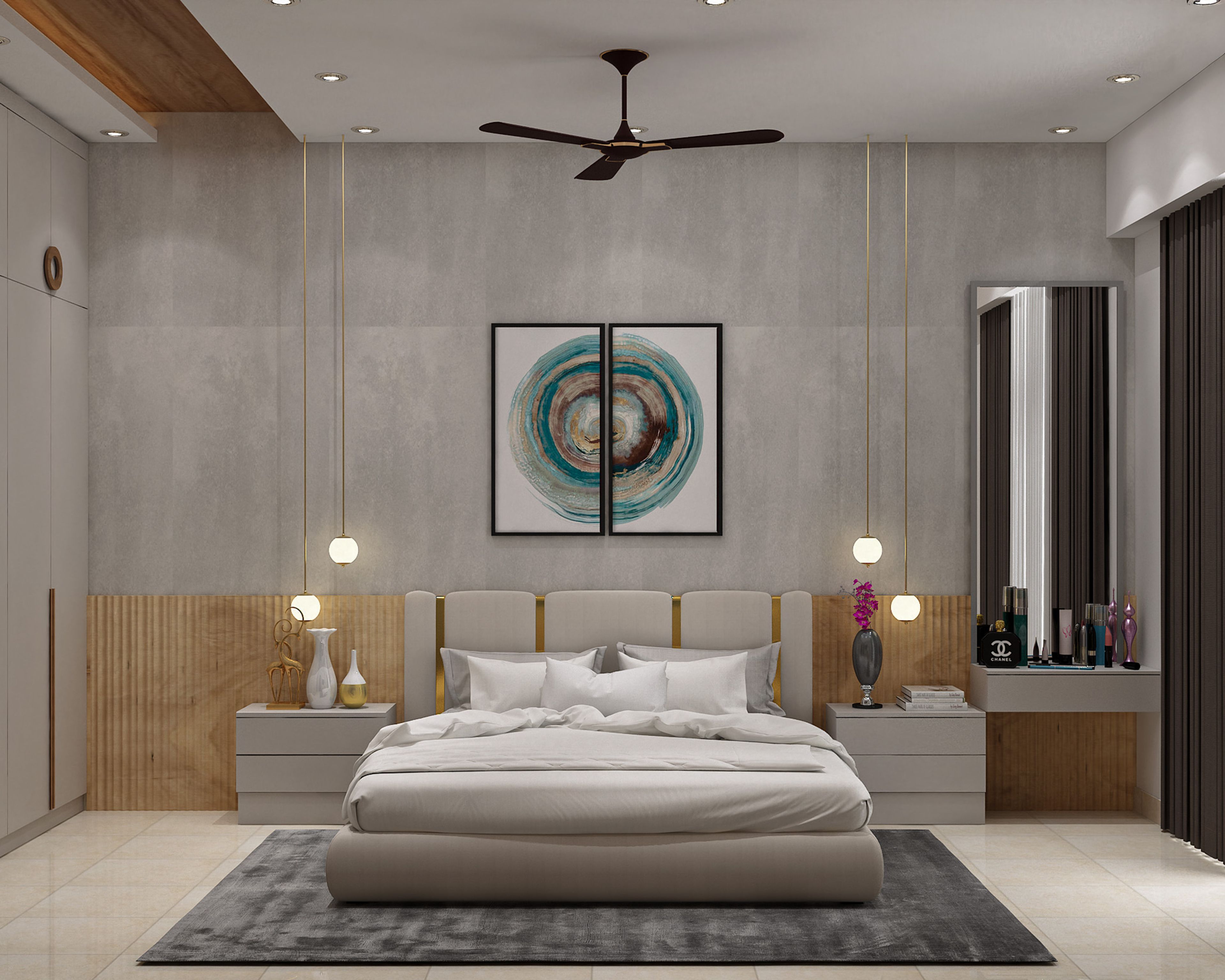 Contemporary Master Bedroom Design With Two Tone Accent Wall and Floating TV Unit