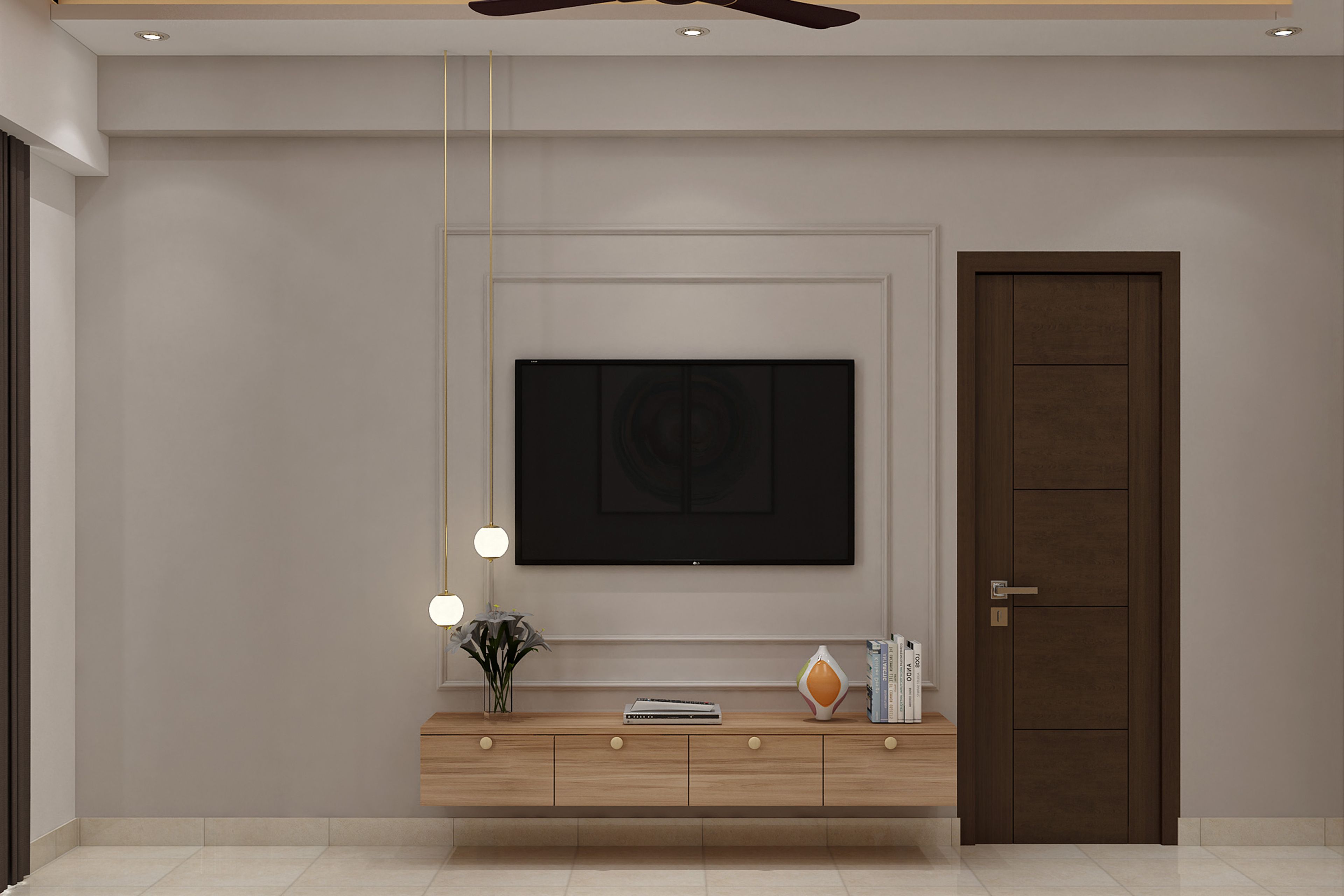 Contemporary Master Bedroom Design With Two Tone Accent Wall and Floating TV Unit