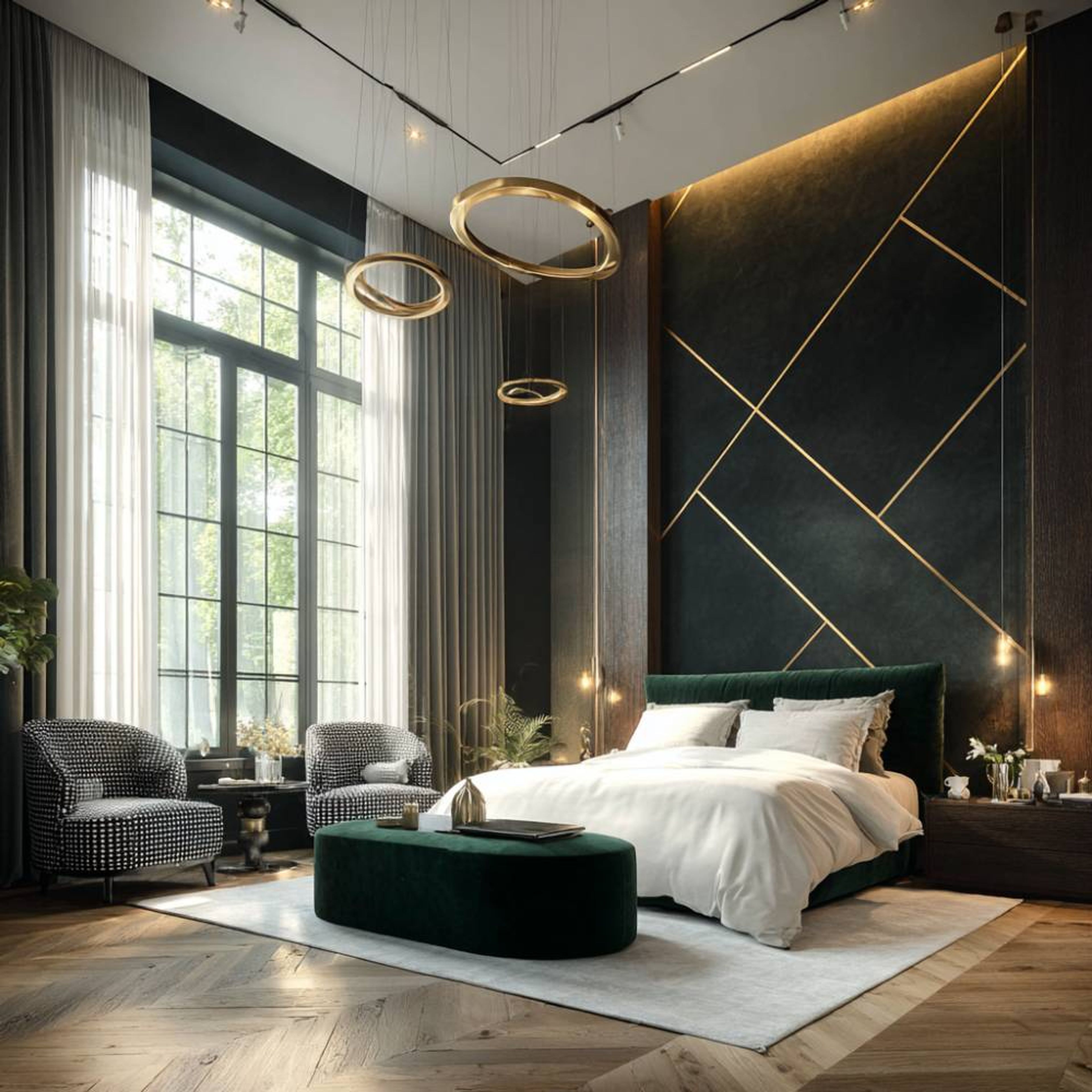 Mid Century Master Bedroom Design with Gold Geometry Emerald Wall