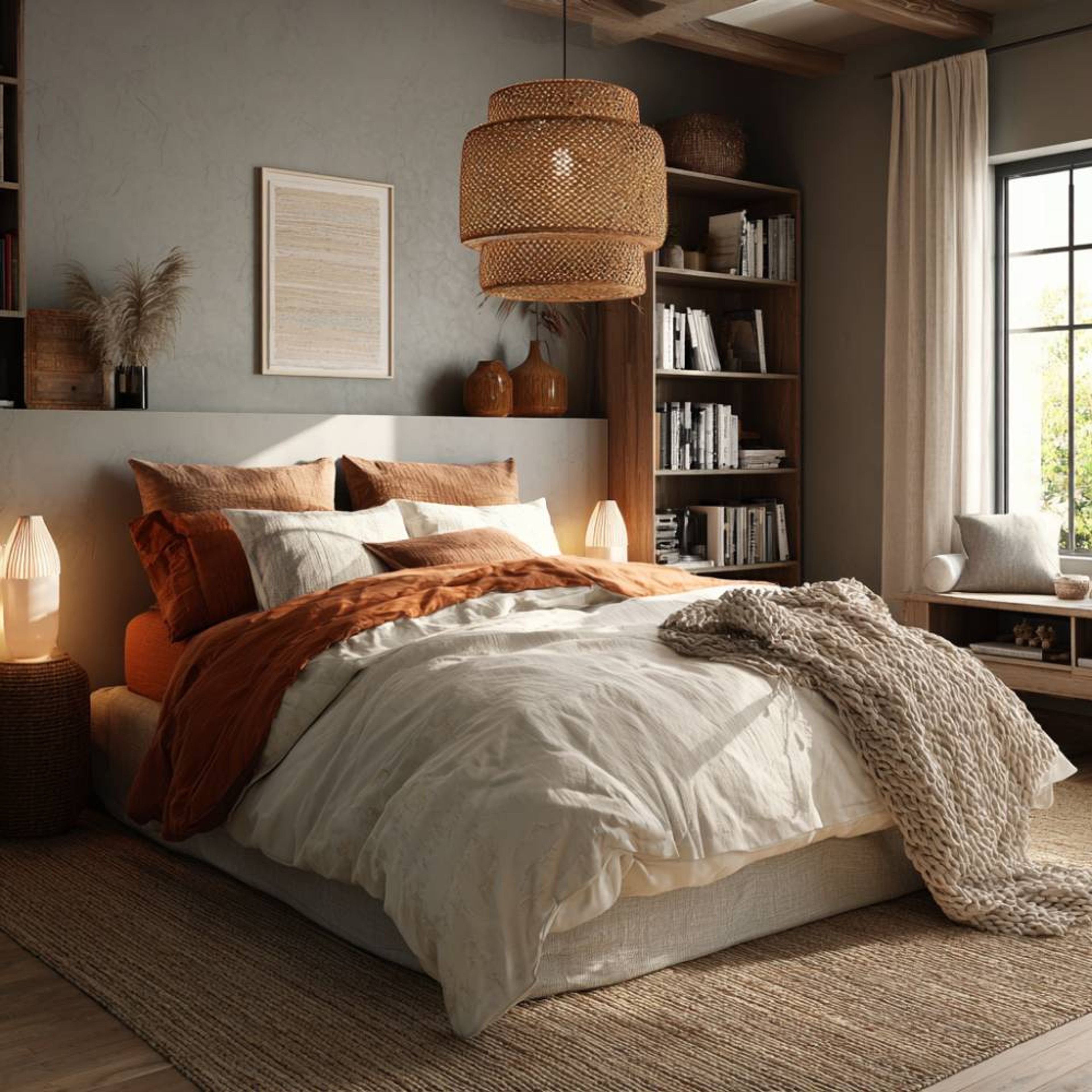 Scandinavian Master Bedroom Design with Textured Wall and King Bed with Storage