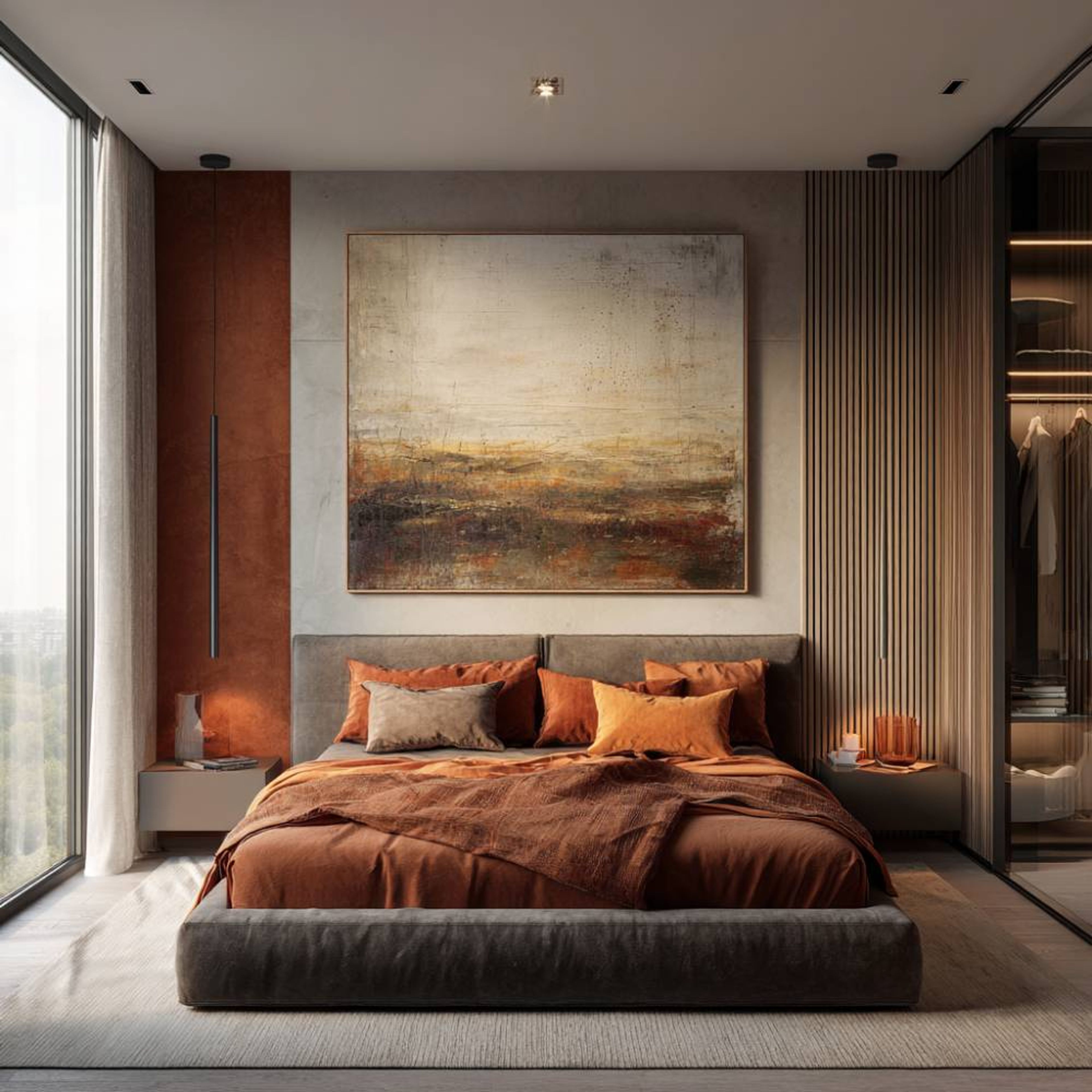 Contemporary Master Bedroom Design with Sculptural Terracotta Wall Panels Accent and Wood Slats