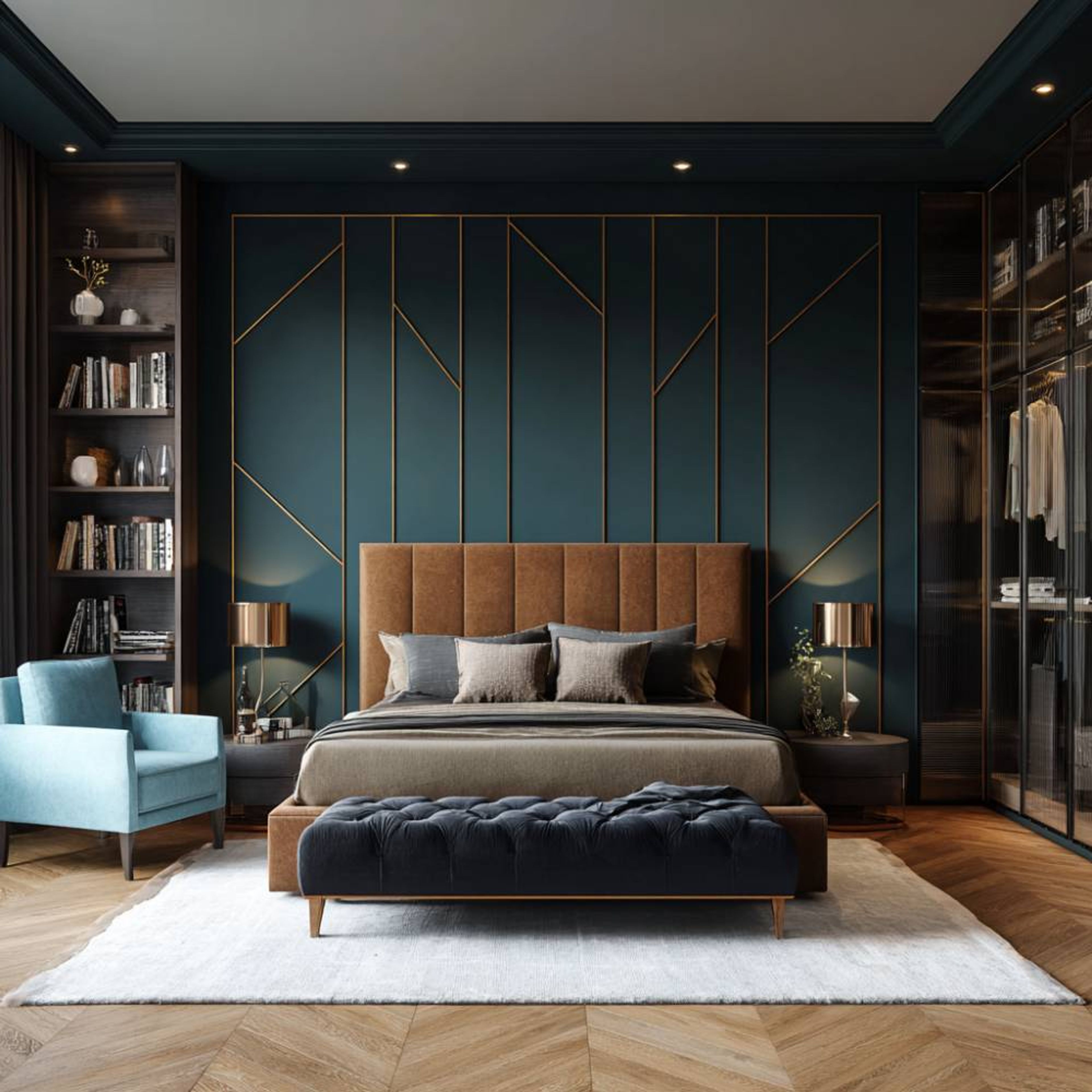 Mid-Century Modern Guest Bedroom Design with Mustard Bed Beige Wardrobes and Shelf