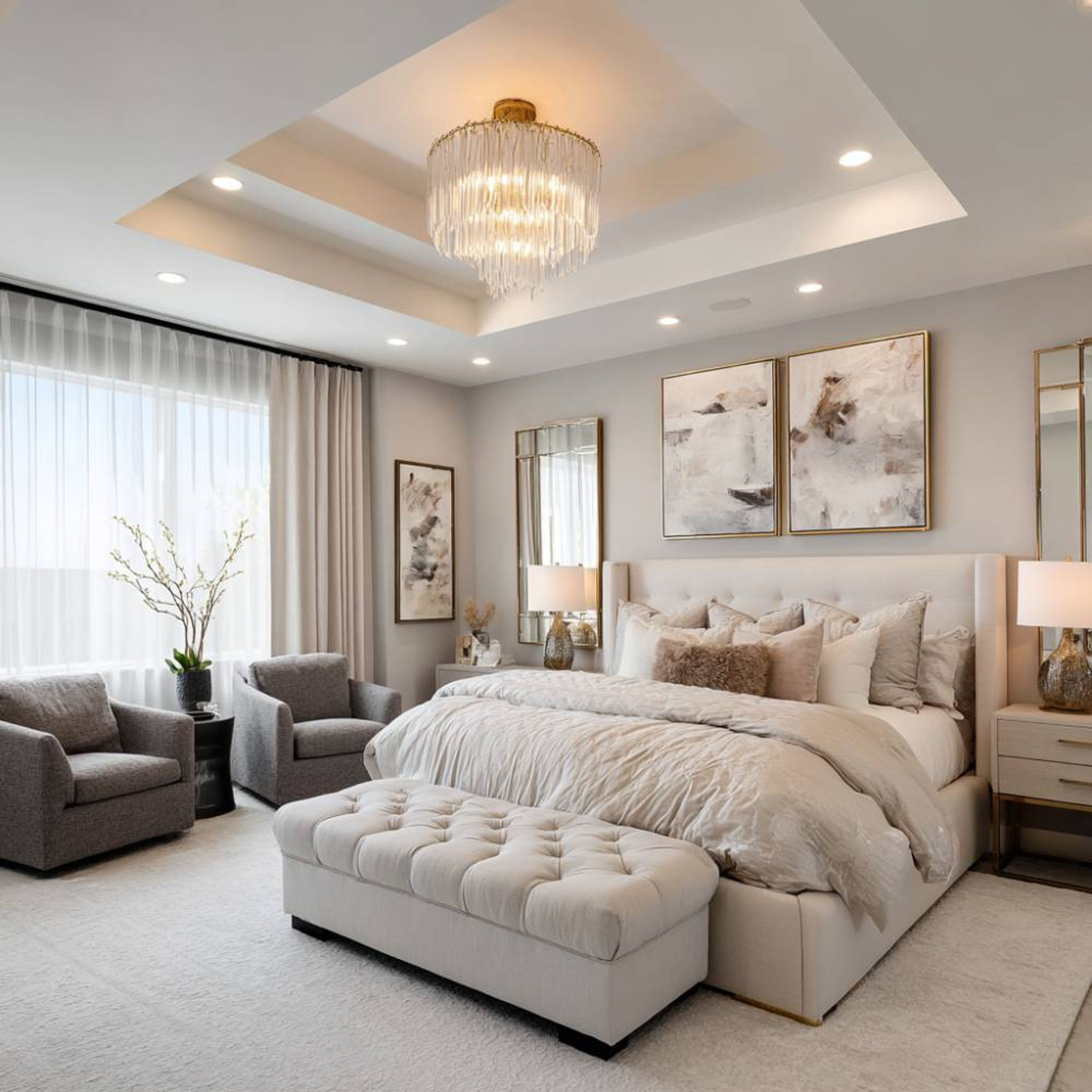 Modern Master Bedroom Design with Cream Upholstered Bed and Ottoman Bench
