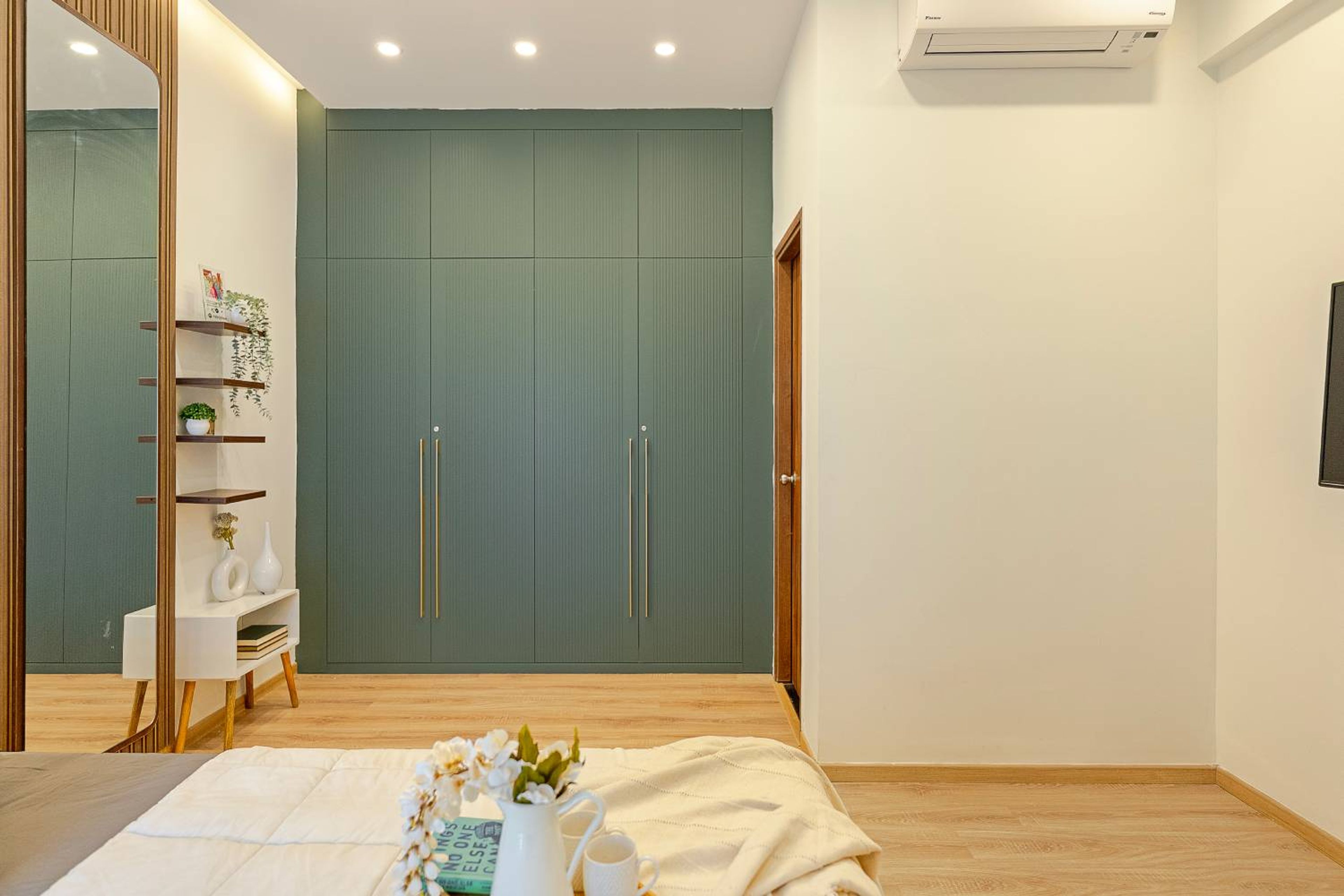 Green 4-Door Swing Wardrobe Design with Matte Finish and Gold Handles