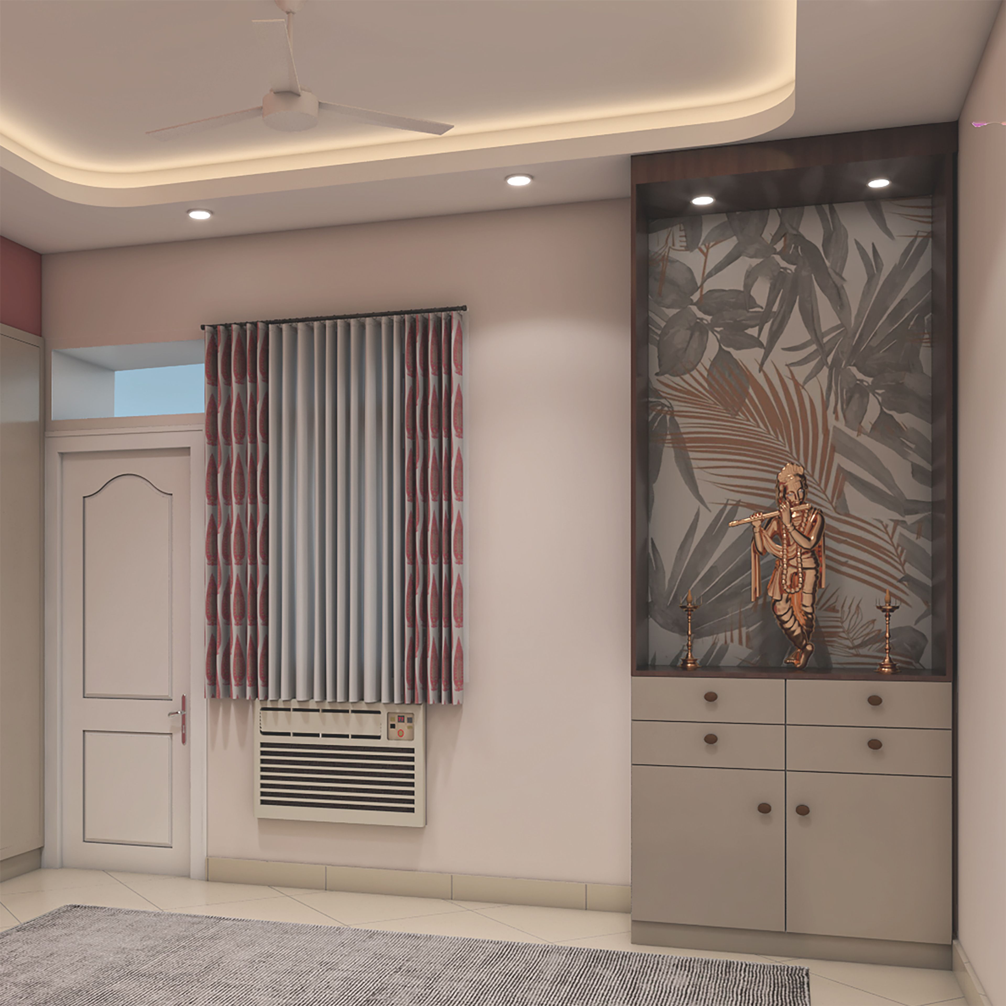 Floor-Mounted Modern Pooja Design with Leaf Pattern Back Panel and Backlit Idol