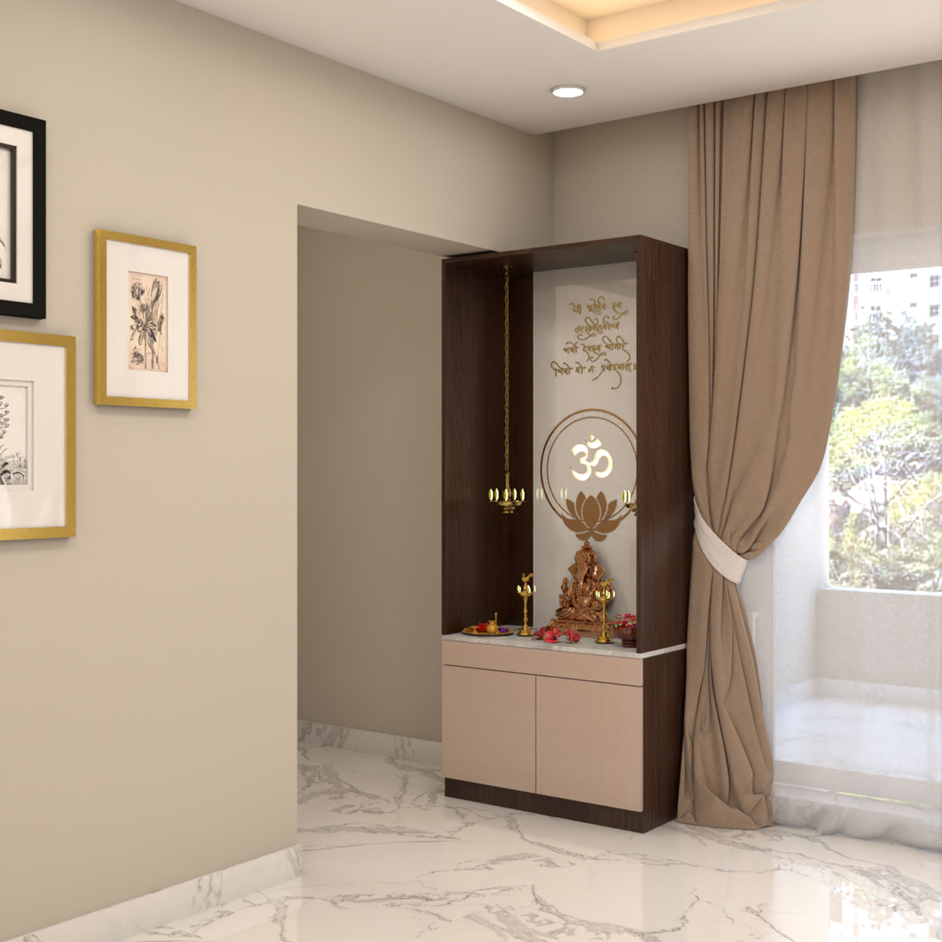 Contemporary Pooja Design with Marble Top and Laser-Cut Motif Panel