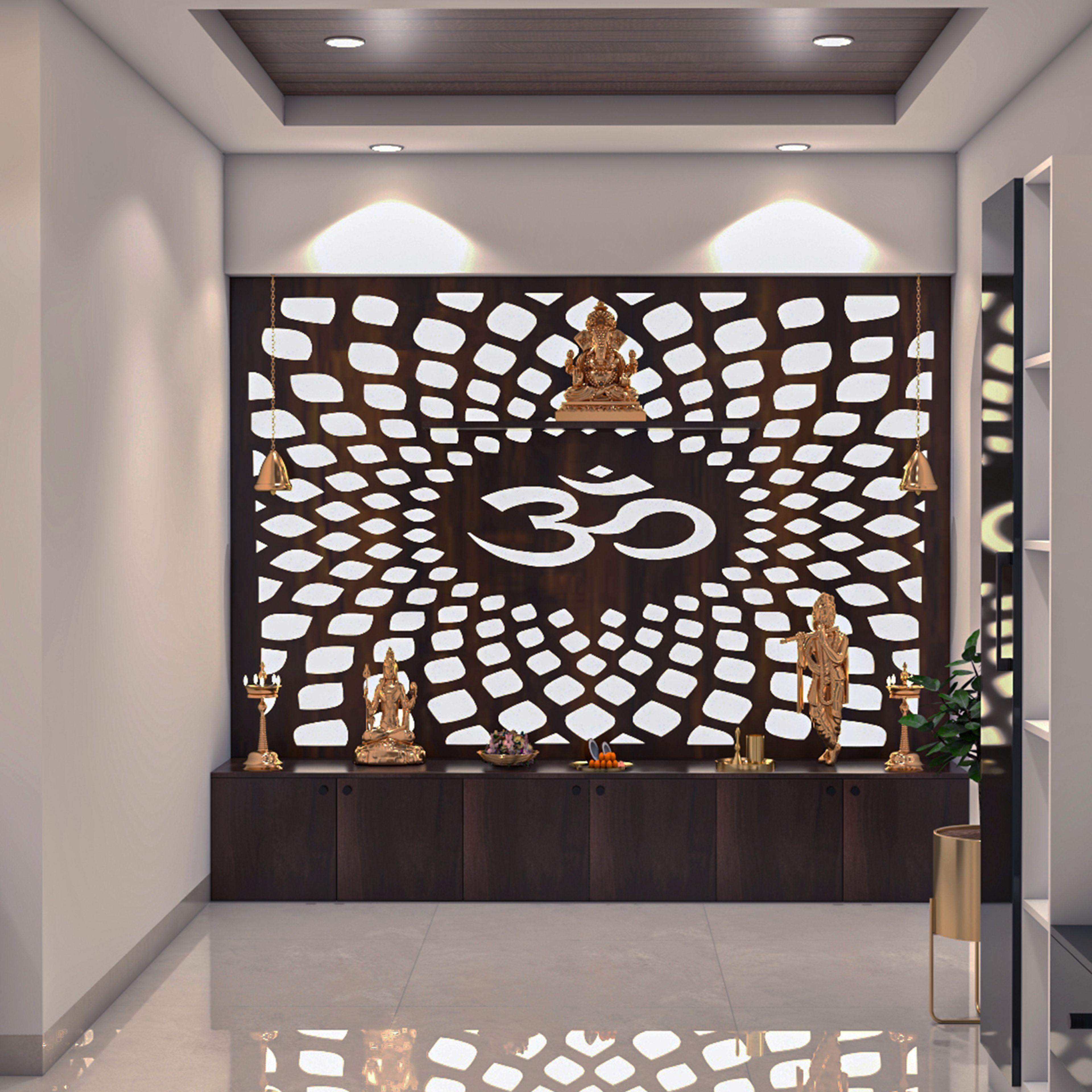 Contemporary Pooja Design with Backlit Om Panel, Handle-Less Cabinets and Hanging Bells