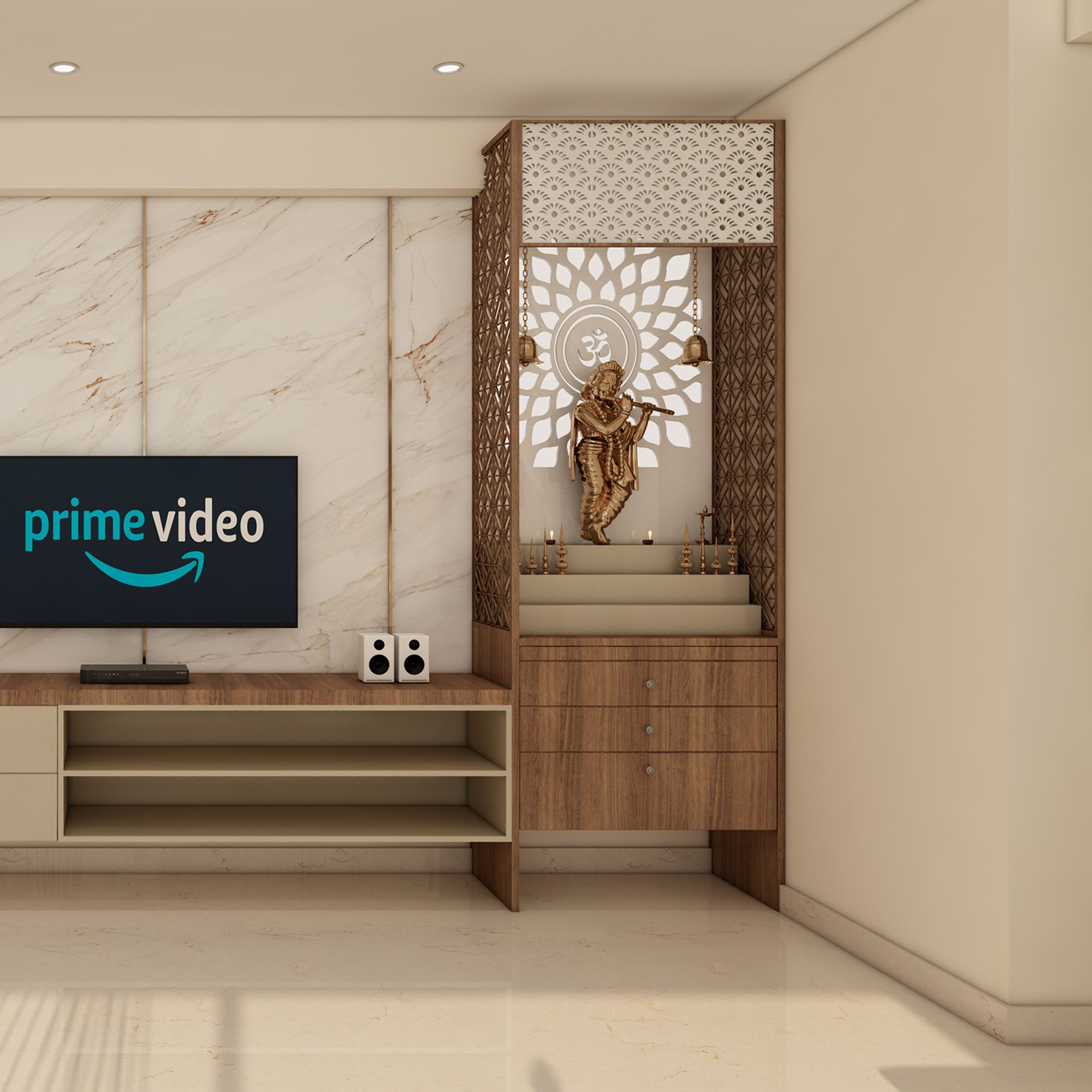 Pooja Room Design Featuring Vertical Slats and Glass Display Shelves