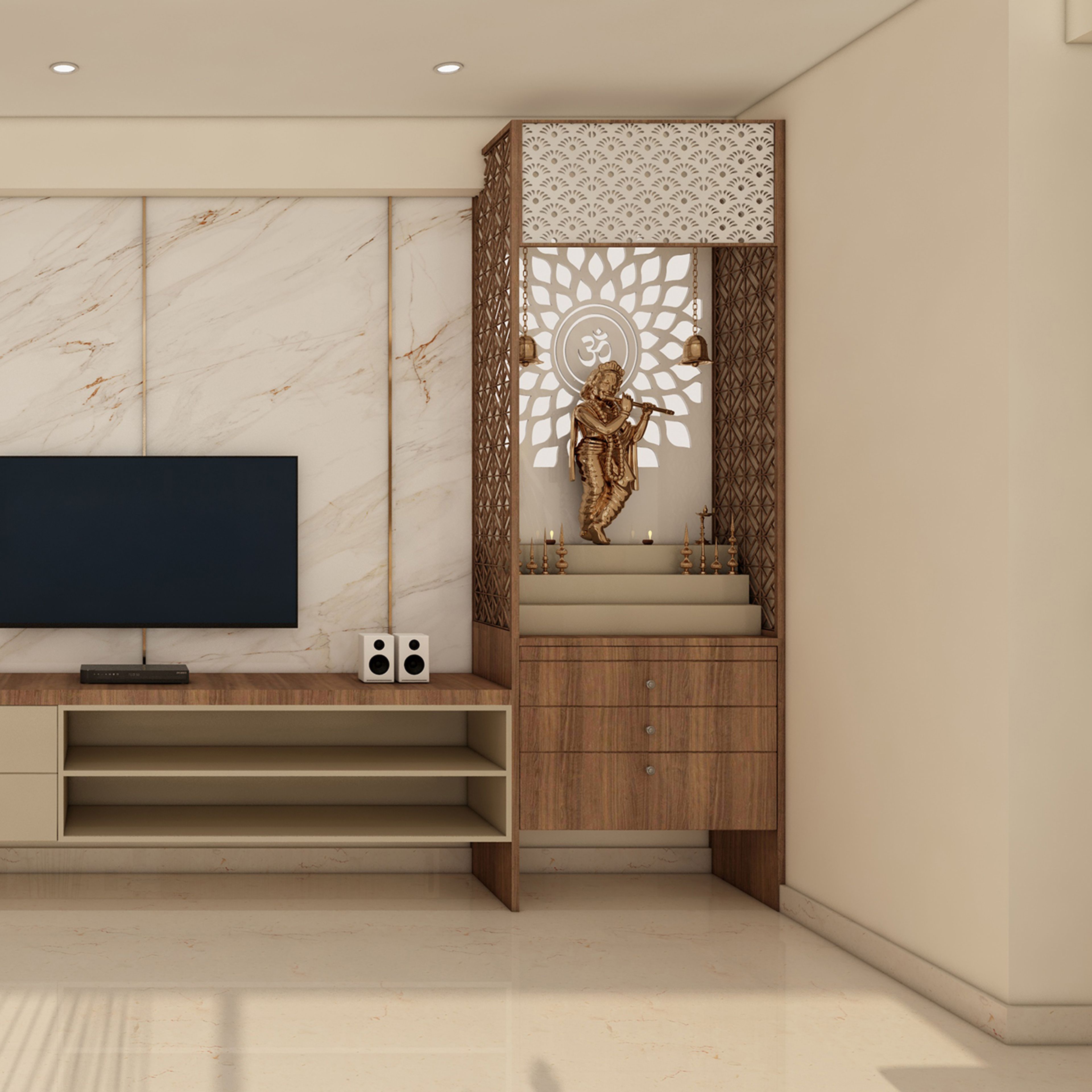 Contemporary Pooja Room Design Featuring Vertical Slats and Glass Display Shelves
