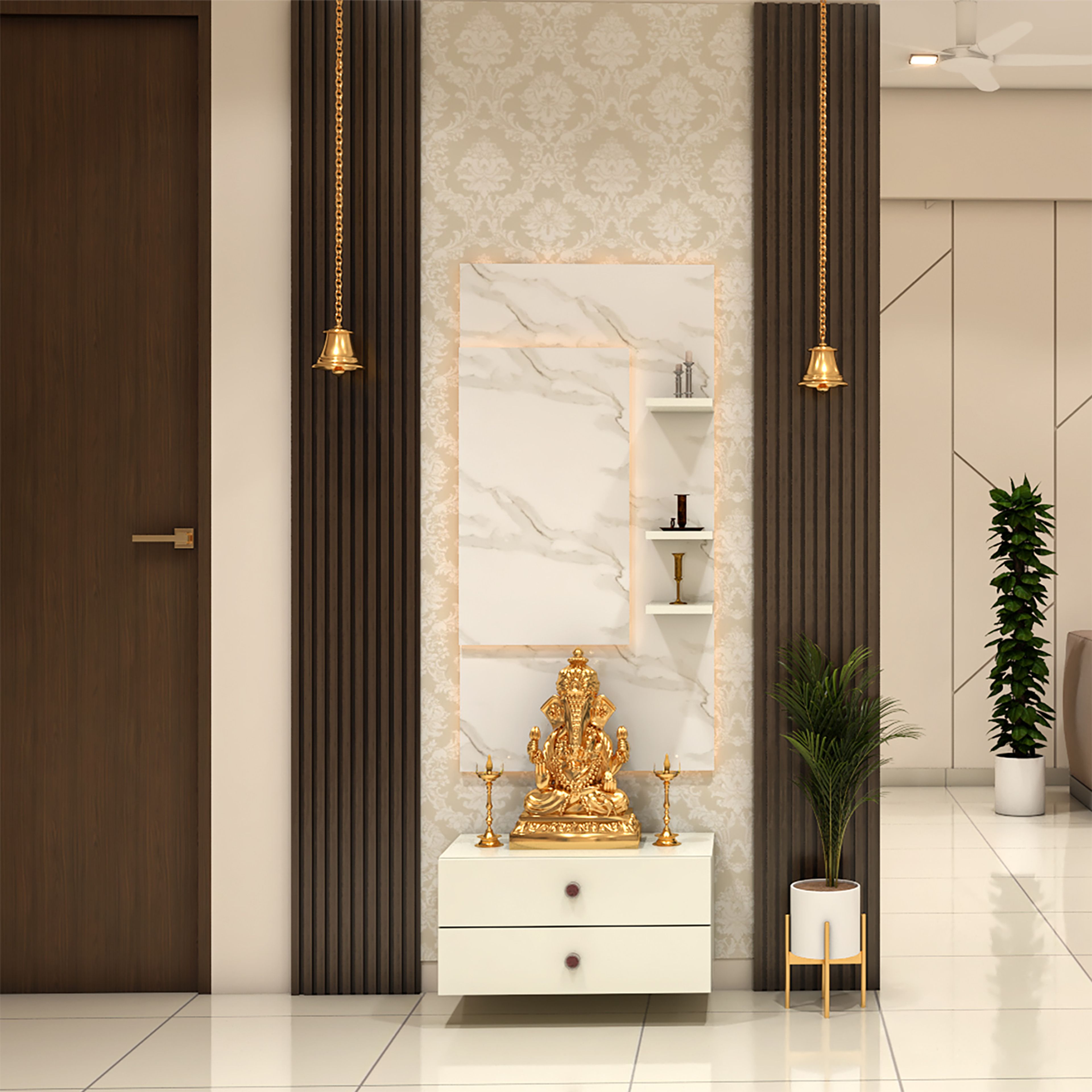 White Wall Mounted Pooja Design with Backlit Vertical Marble Panel