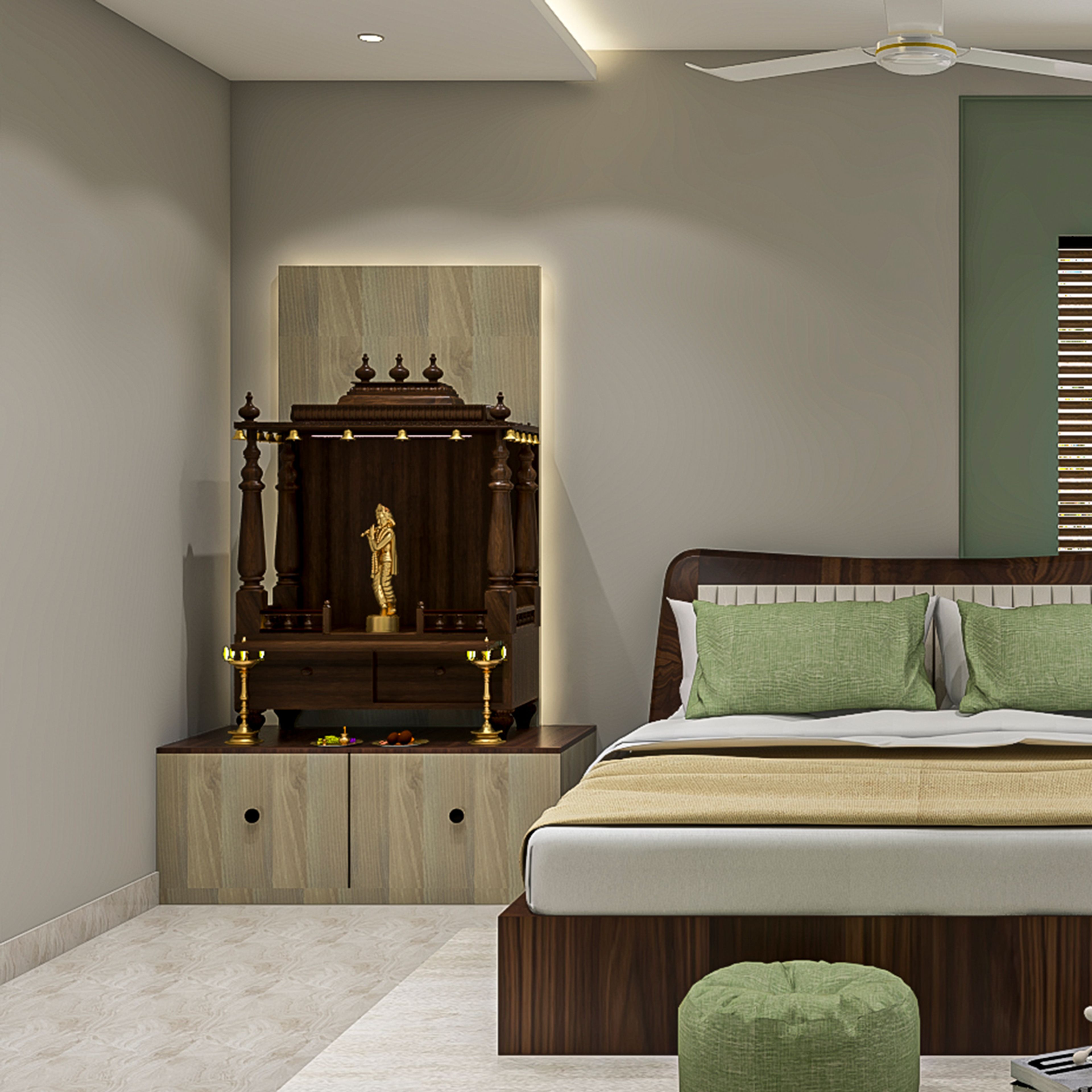 Bedroom Transitional Floor-Mounted Pooja Room Design with Temple Vimana