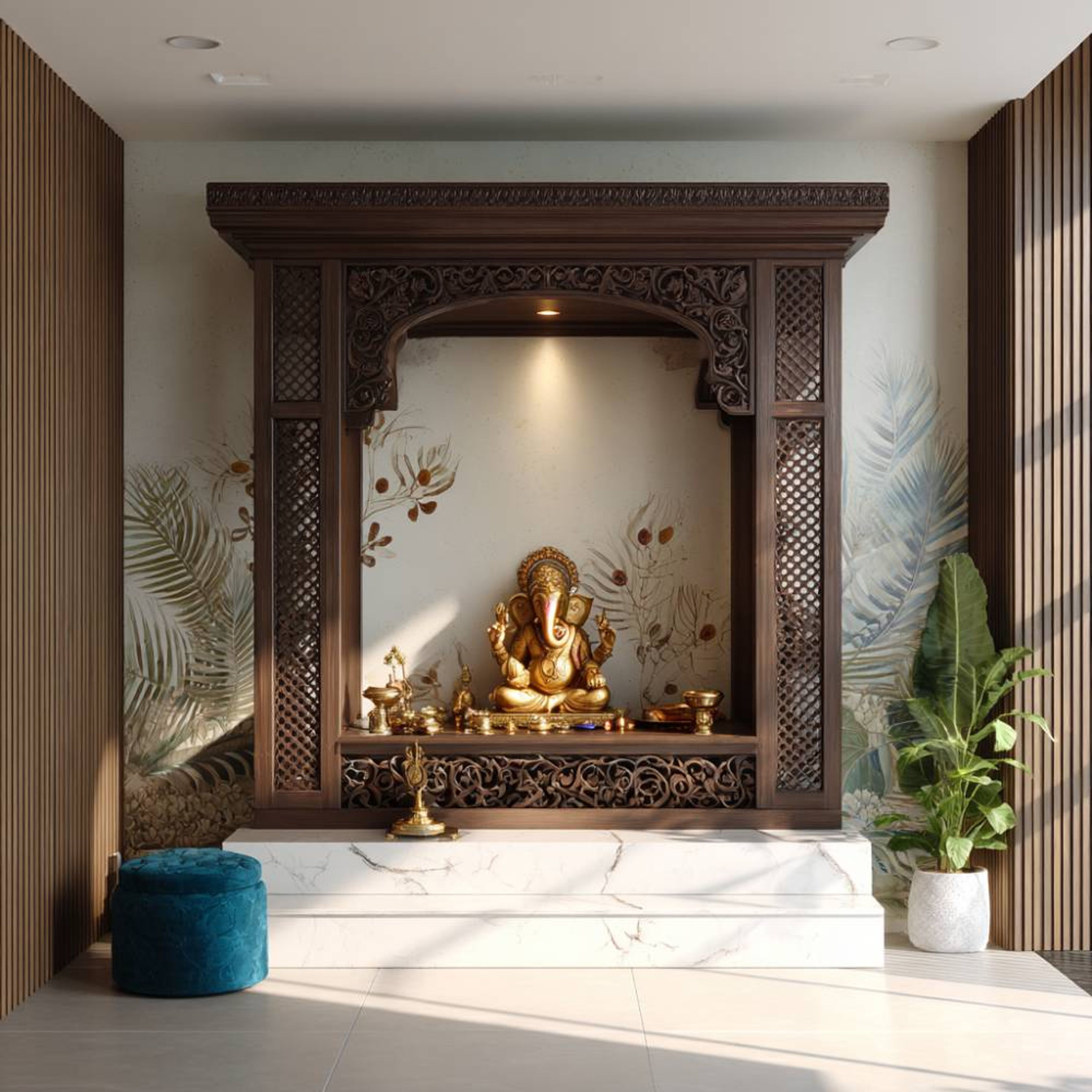 Floor Mounted Brown Classic Pooja Room Design with Wooden Temple