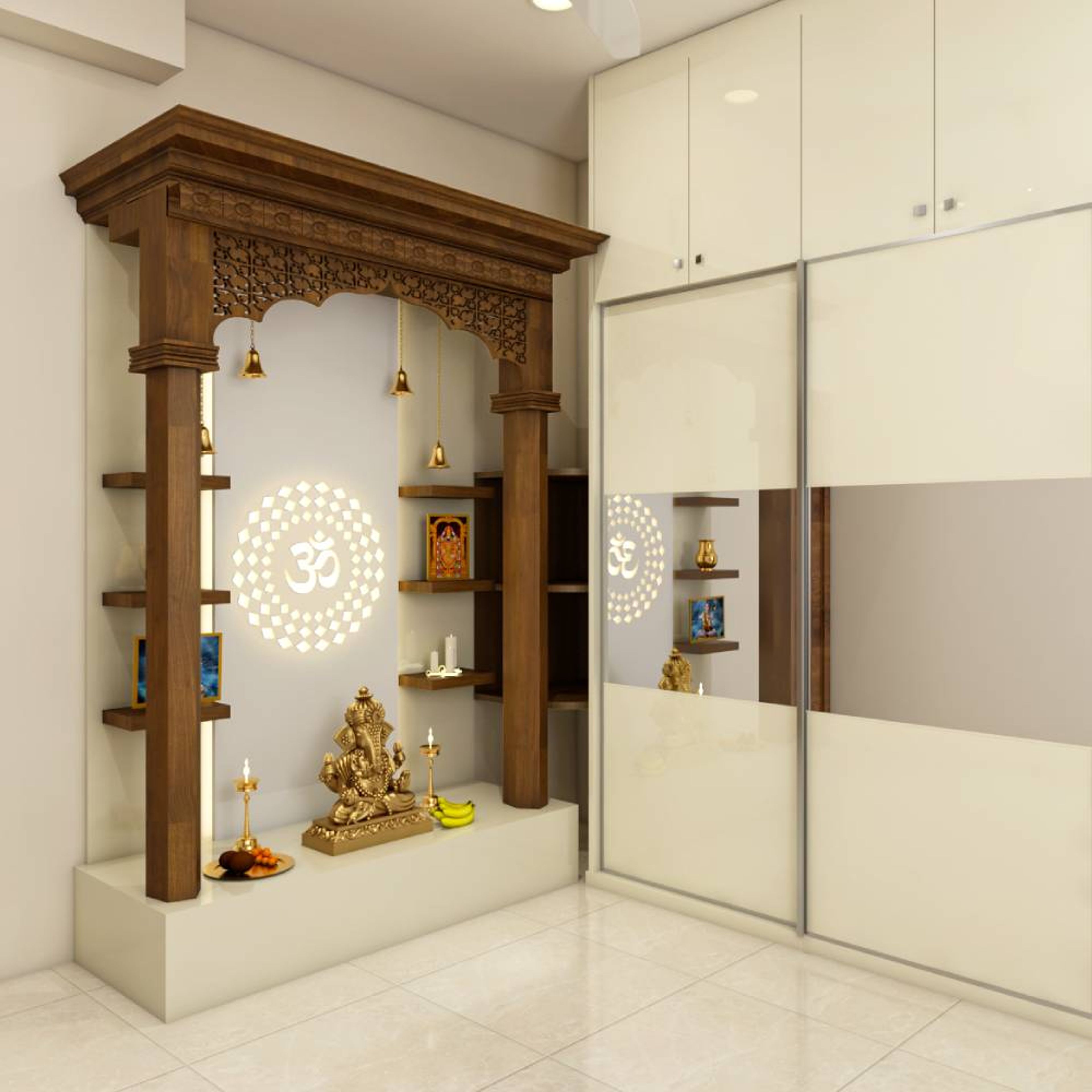 White and Walnut Bronze Contemporary Floor Mounted Pooja Room Design