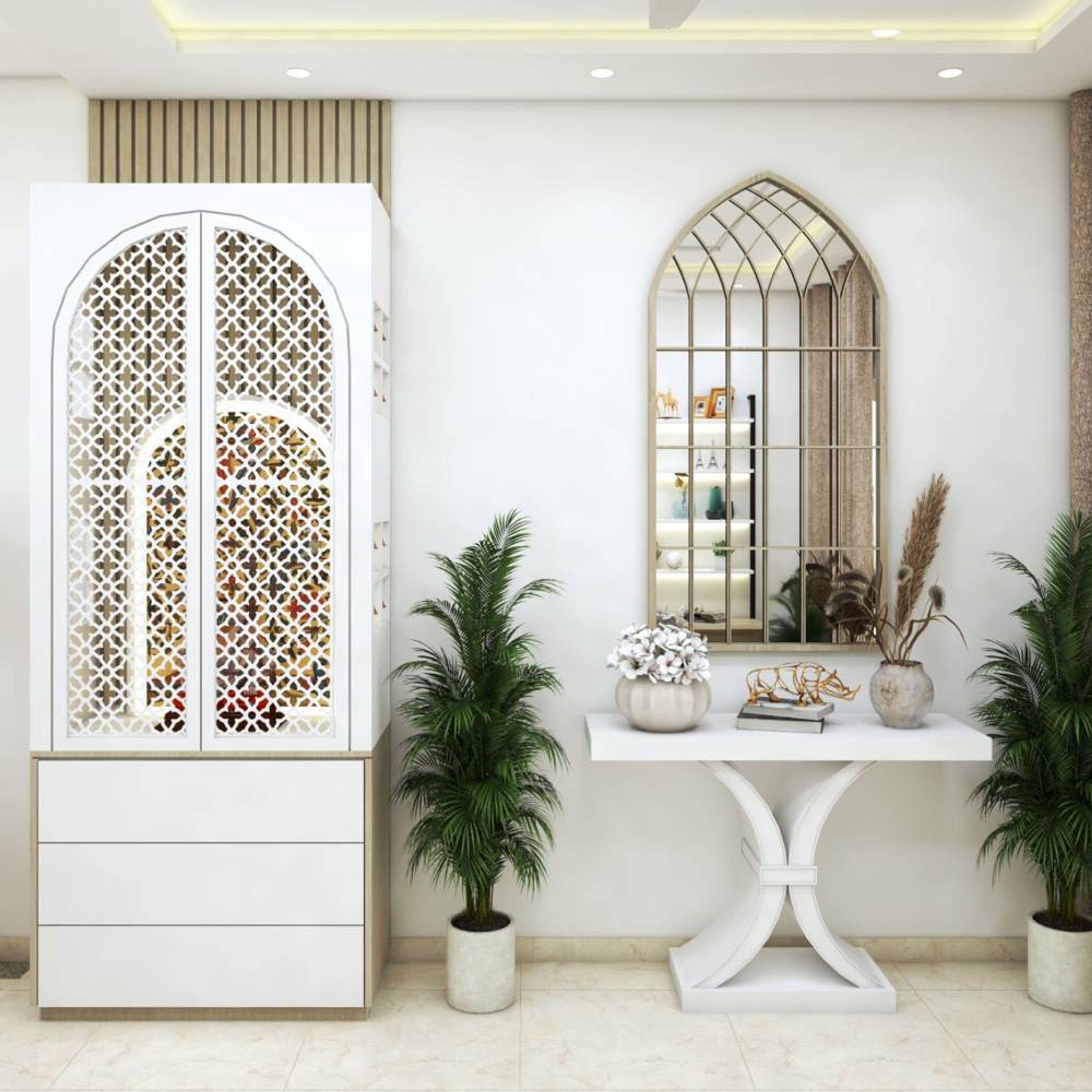 Floor Mounted White Classic Pooja Room Design with CNC Carved Doors