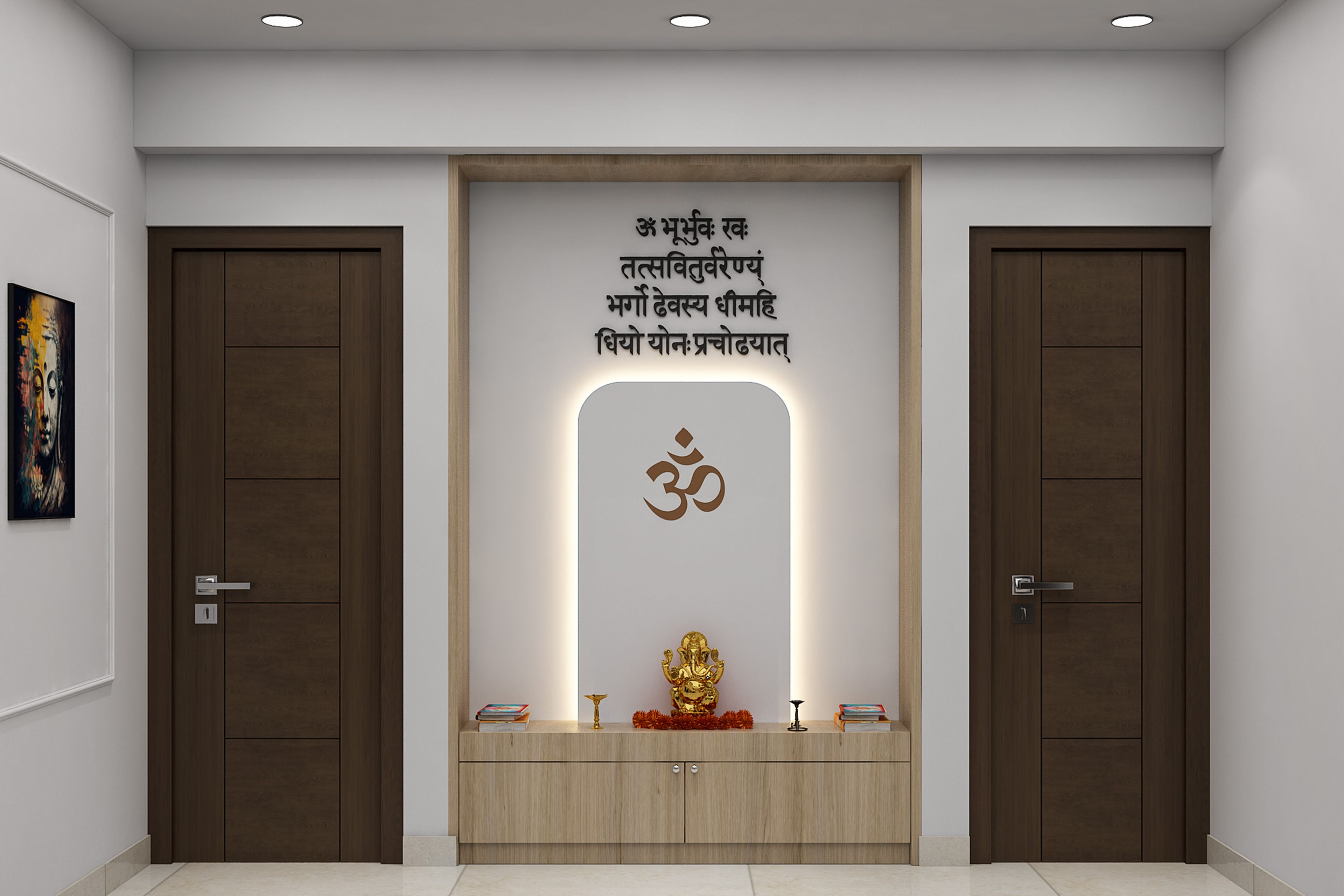 Floor-Mounted Pooja Design with Walnut Finish and Backlit Arched Feature