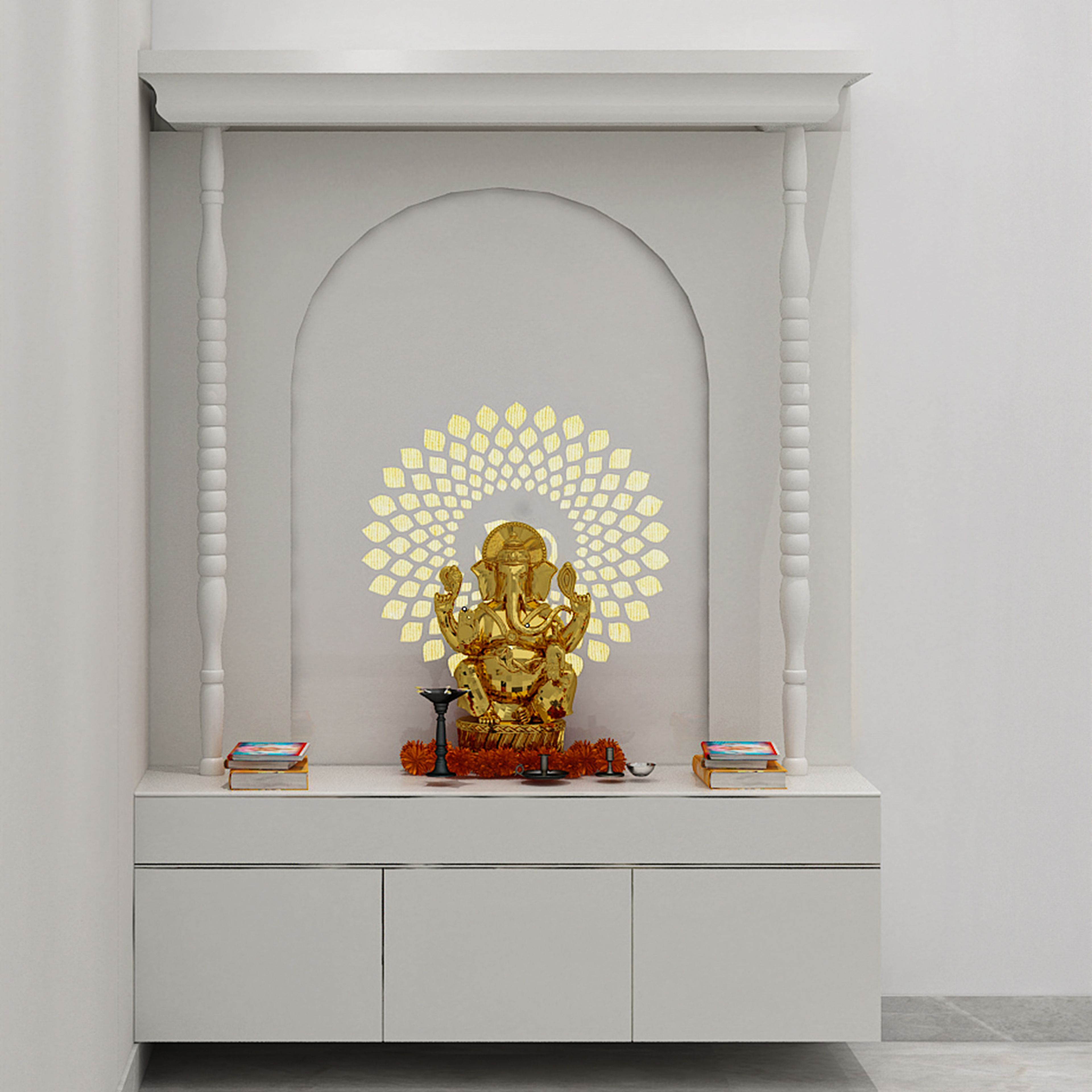 Traditional Wall-Mounted Pooja Design with Marble-Lit Backdrop and Concealed Drawer Storage