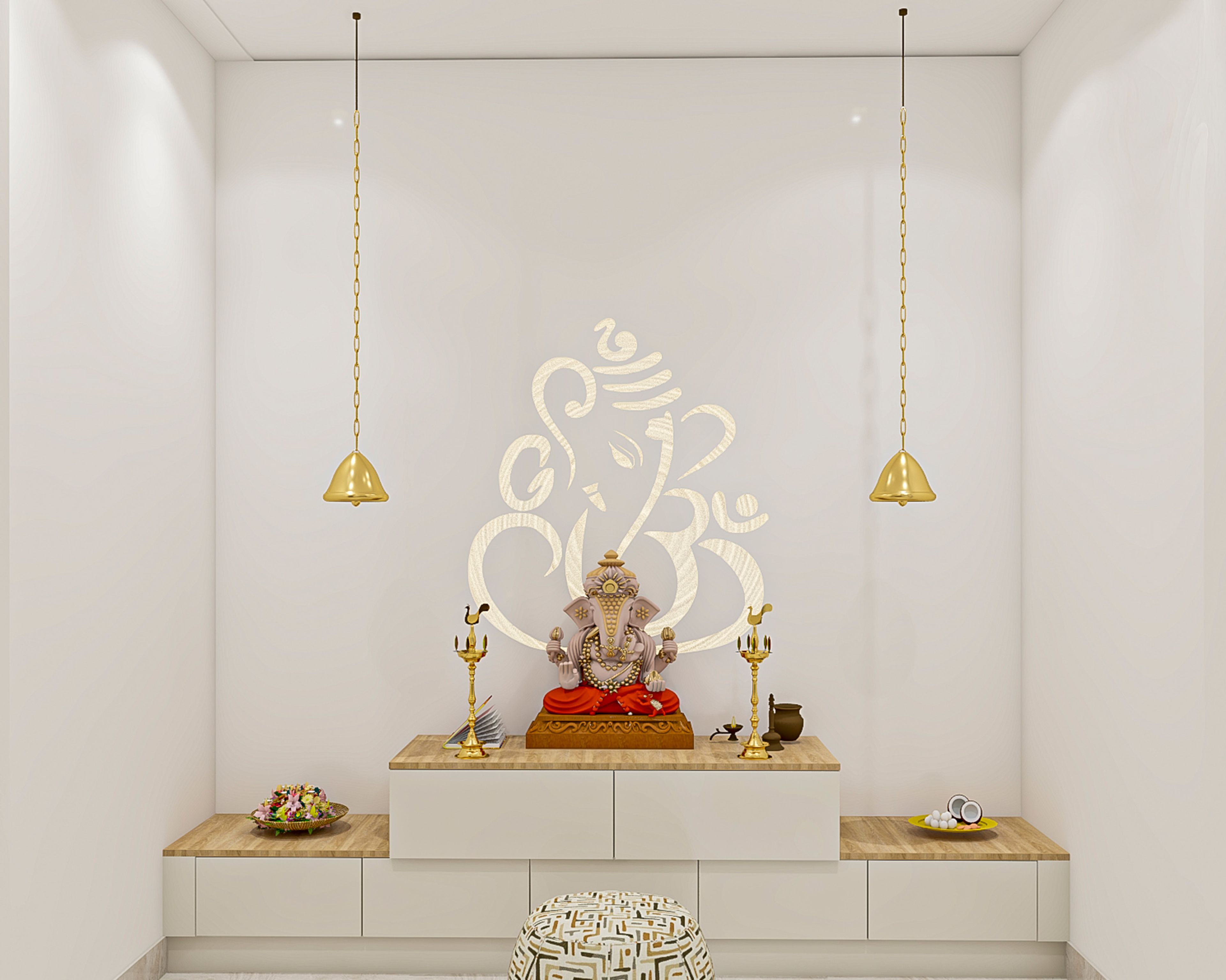 White and Wood Modern Pooja Room Design with Embossed Om Backdrop
