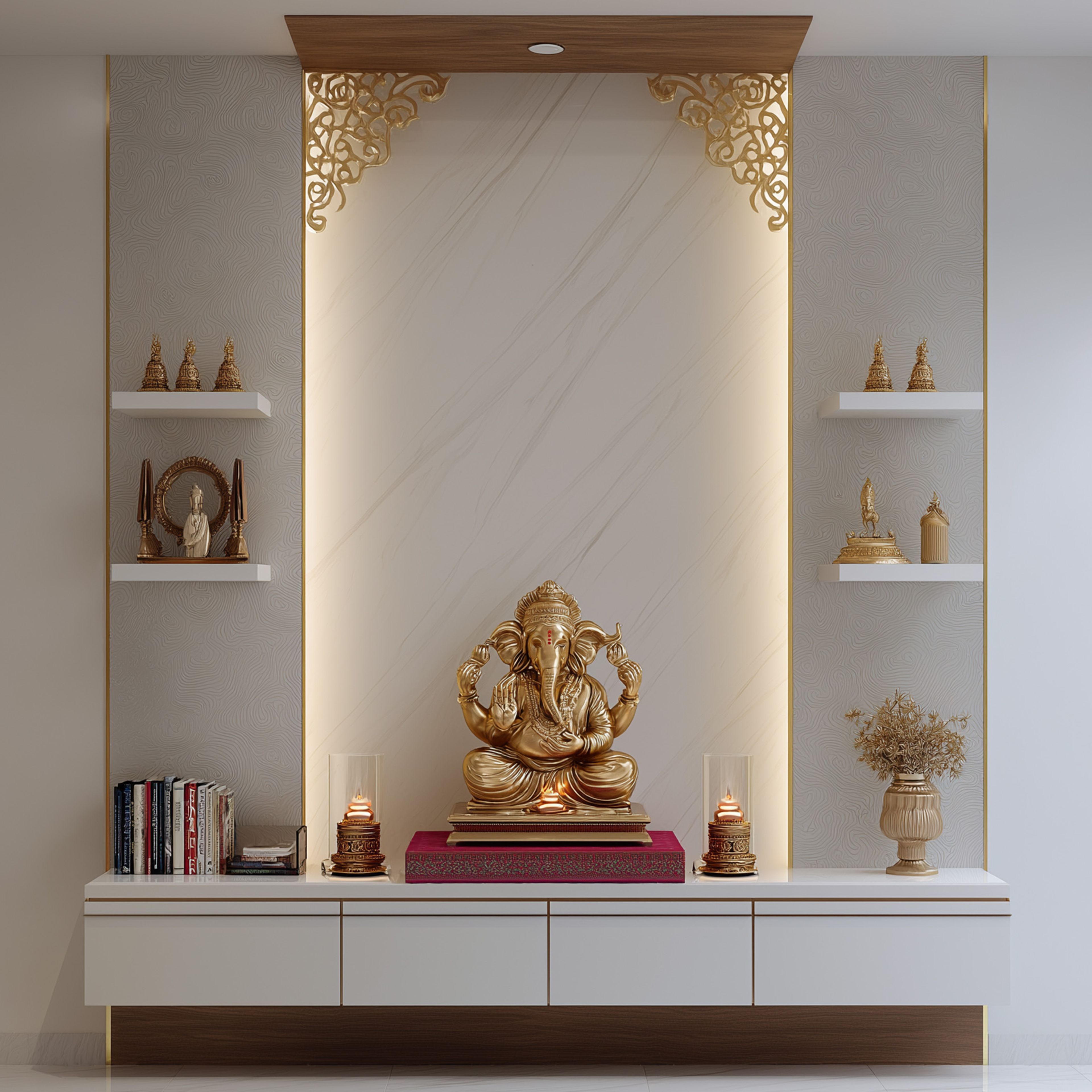 White and Wood Contemporary Pooja Room Design with Gold Filigree