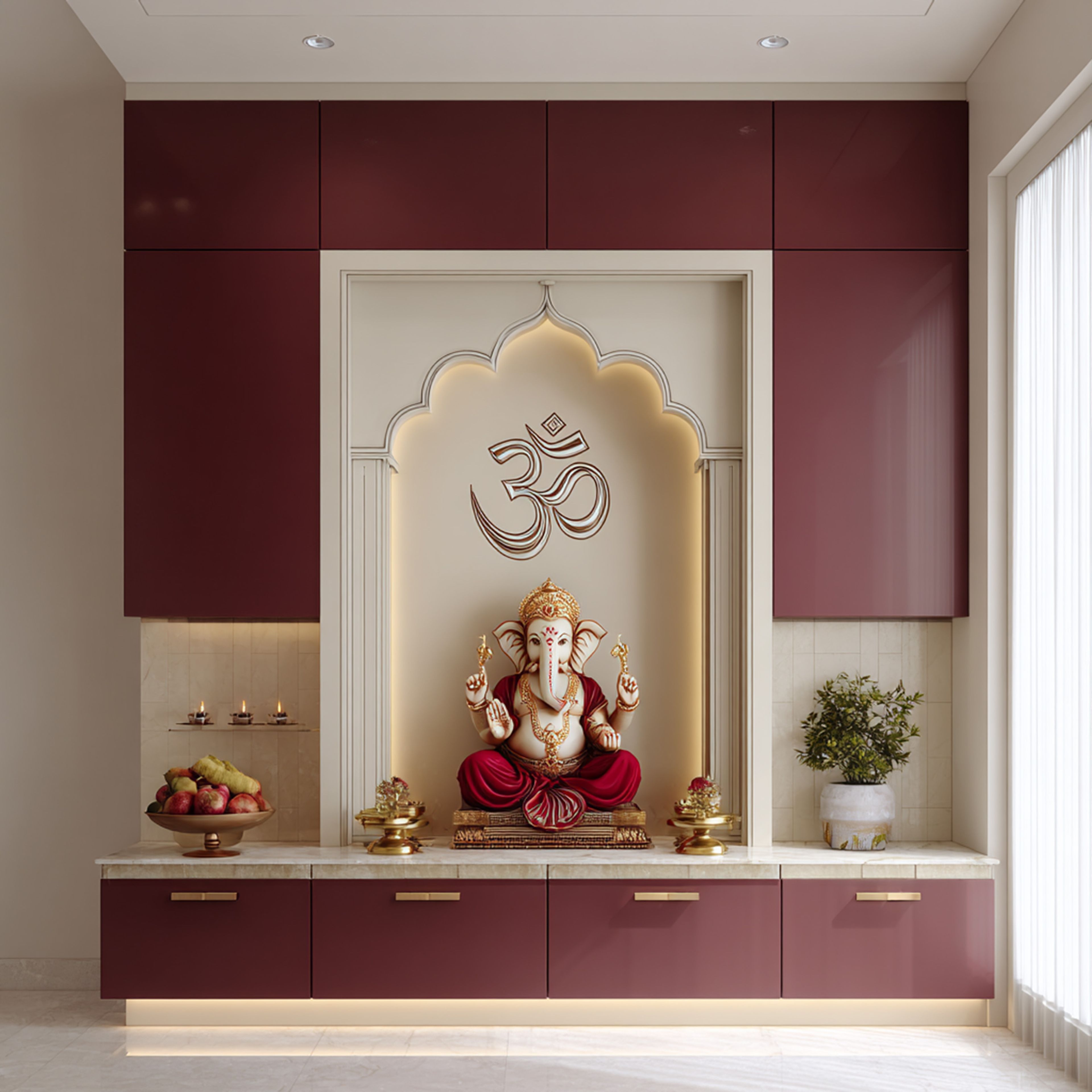 Traditional Wine and Beige Floor-Mount Pooja Room Design with Ornate Arch