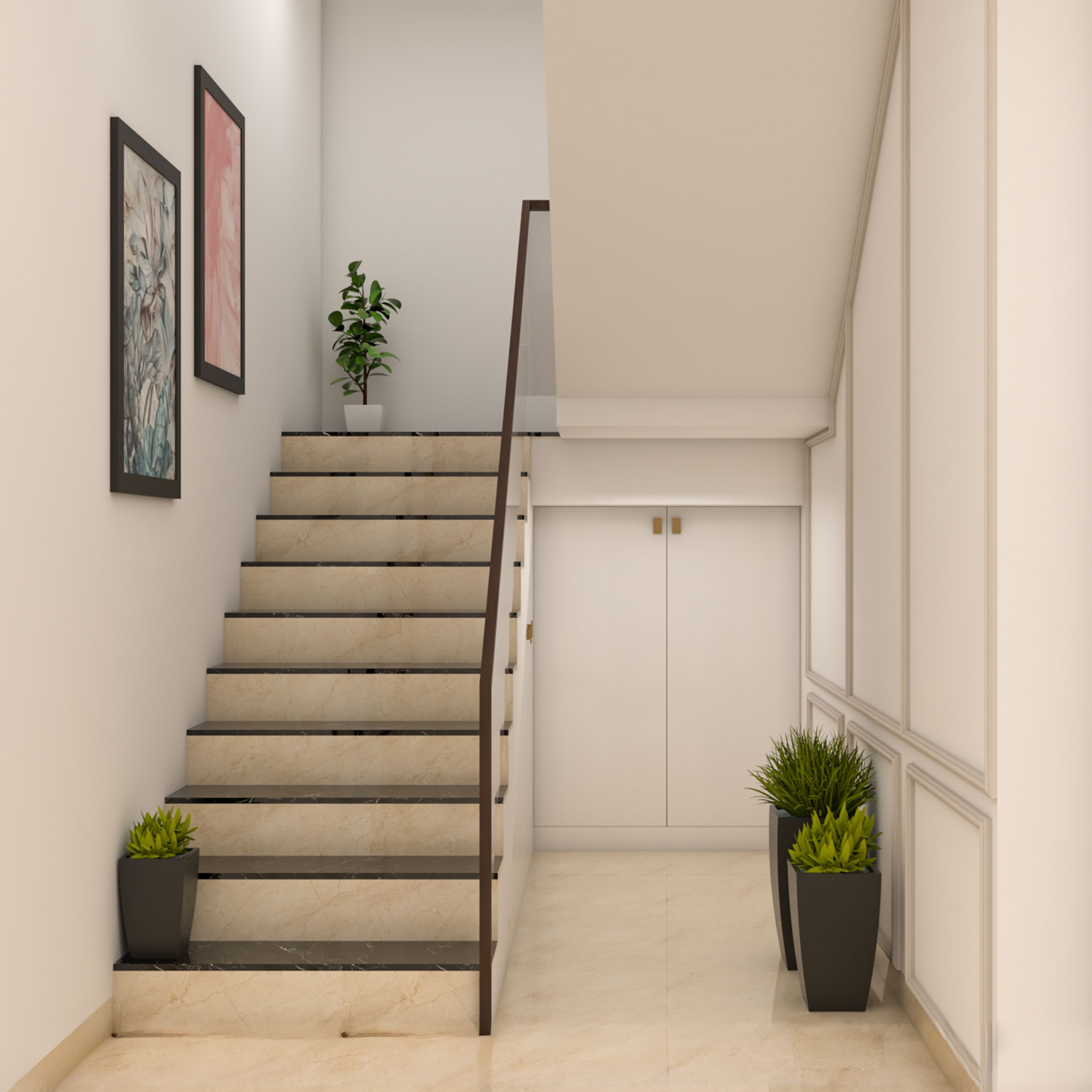 Contemporary L-Shaped Staircase Design with Wood Steps and Glass Panels