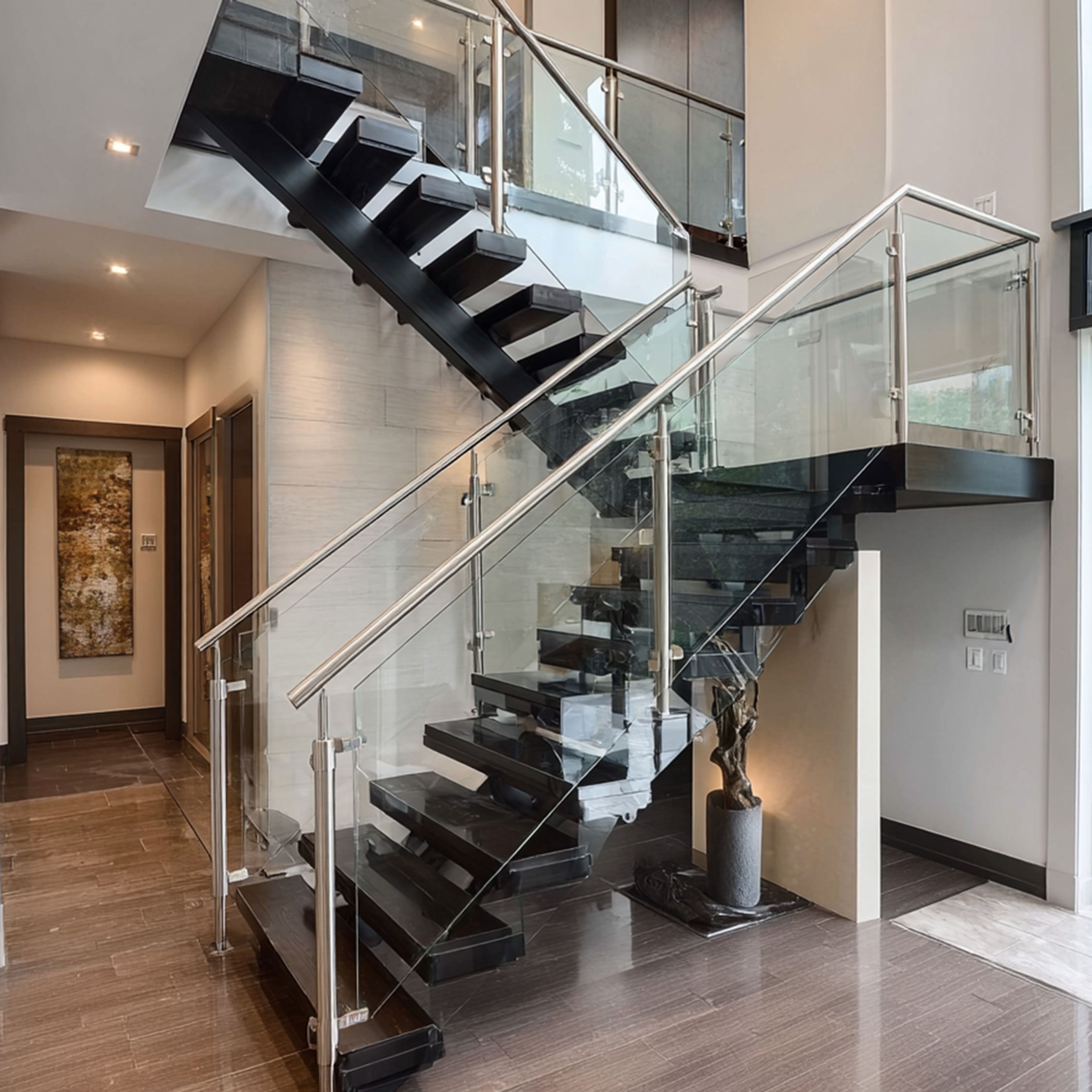 Modern L-Shaped Staircase Design with Wood and Glass Panels