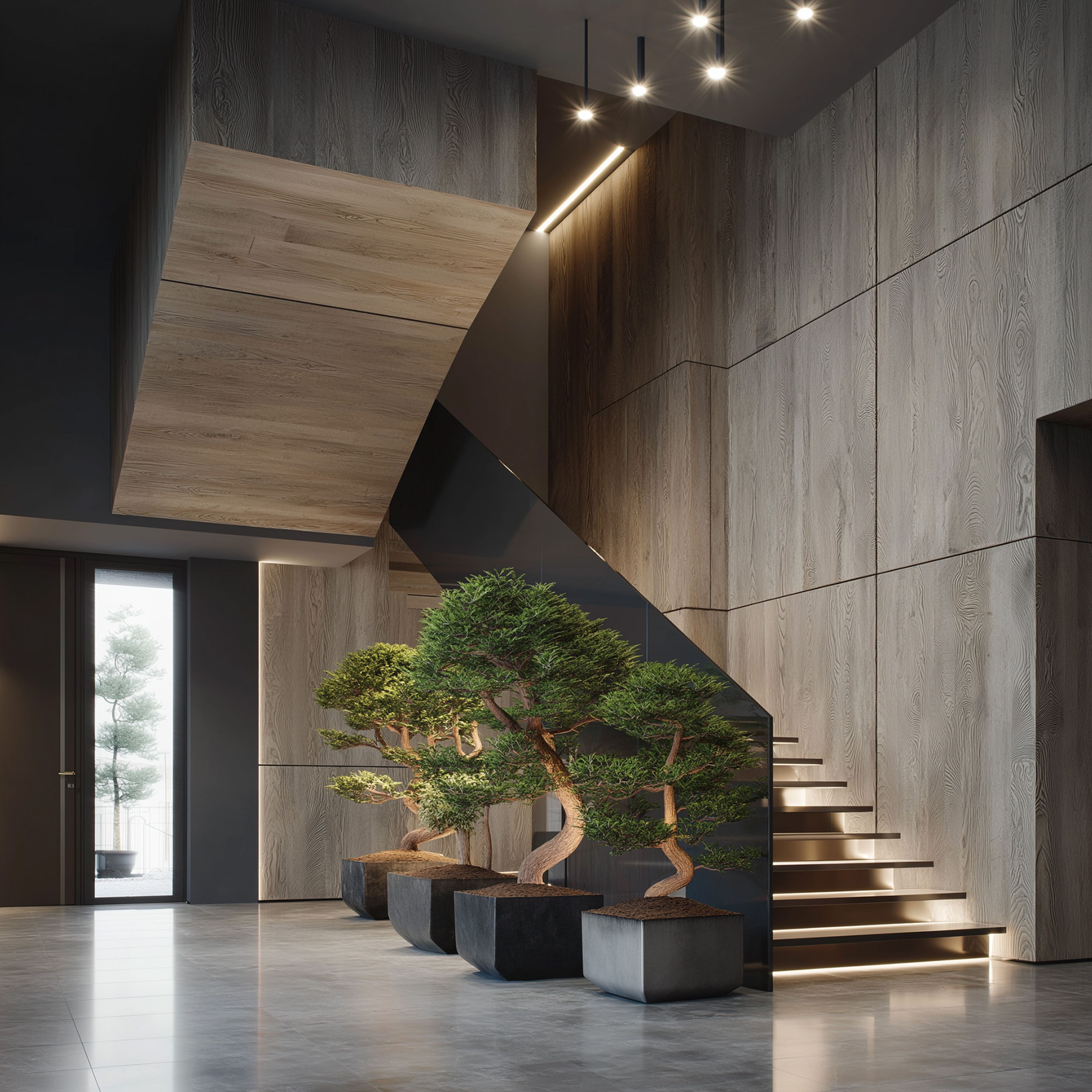 Contemporary Staircase Design with Straight Wooden Steps and Glass Railing